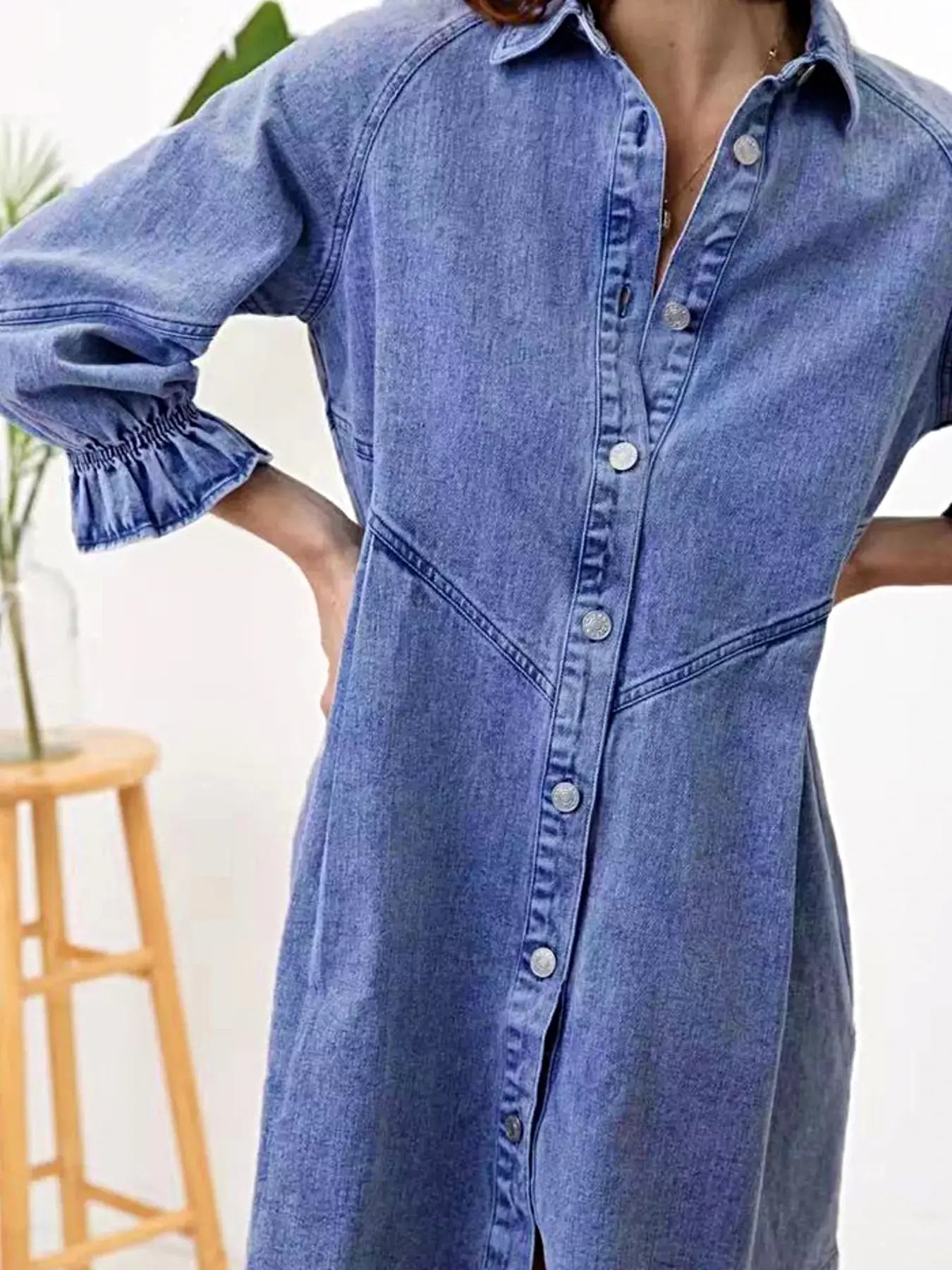 Ruffled Cuff Button-Down Denim Dress -