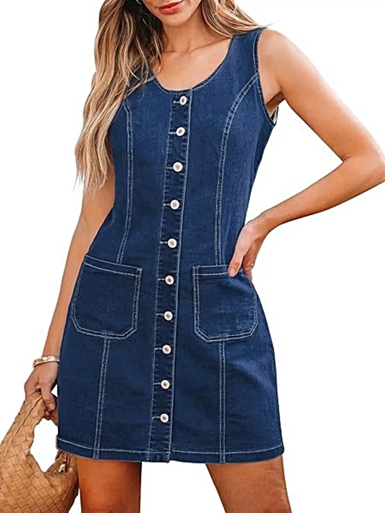 Button-Front Sleeveless Denim Dress -