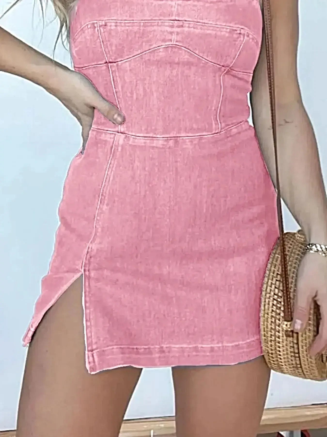 Plus Size Casual Denim Dress Women with Slit, Square Neck, and Tied Smocked Detail -
