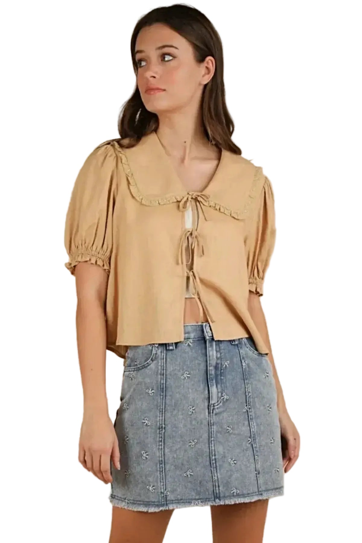 VERY J Bow Printed Casual Denim Mini Skirt -