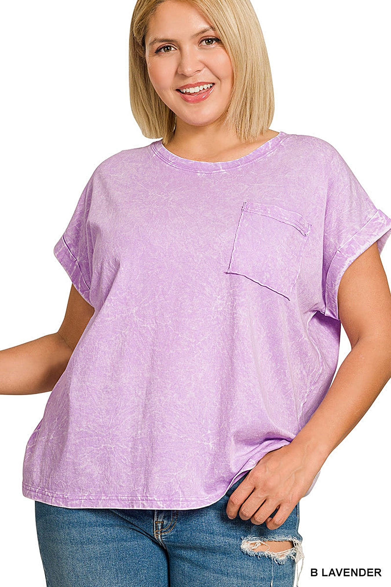 Zenana Full Size Crinkle Washed Round Neck Folded Short Sleeve Tee Plus Size -