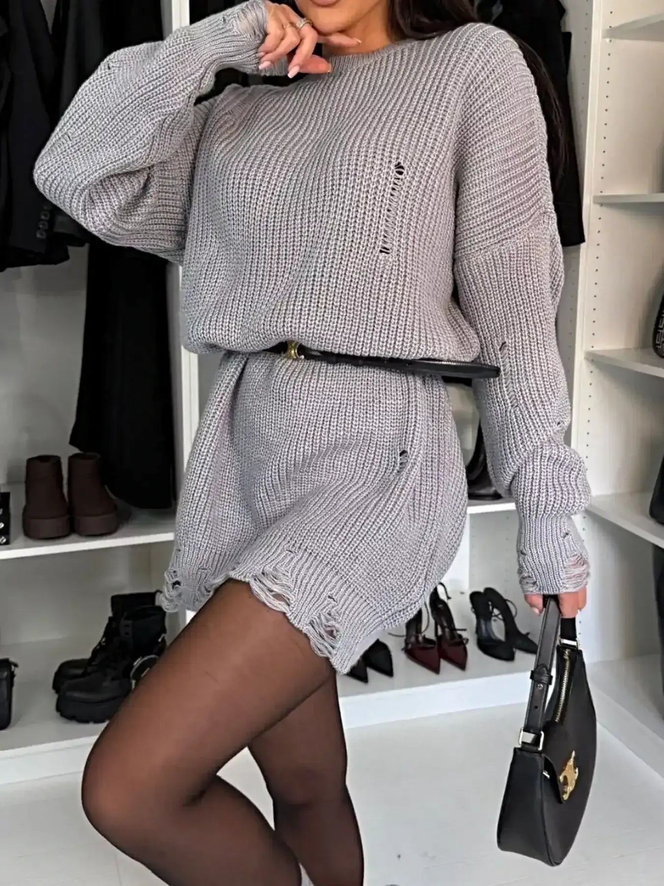 Distressed Round Neck Drop Shoulder Sweater Dress -