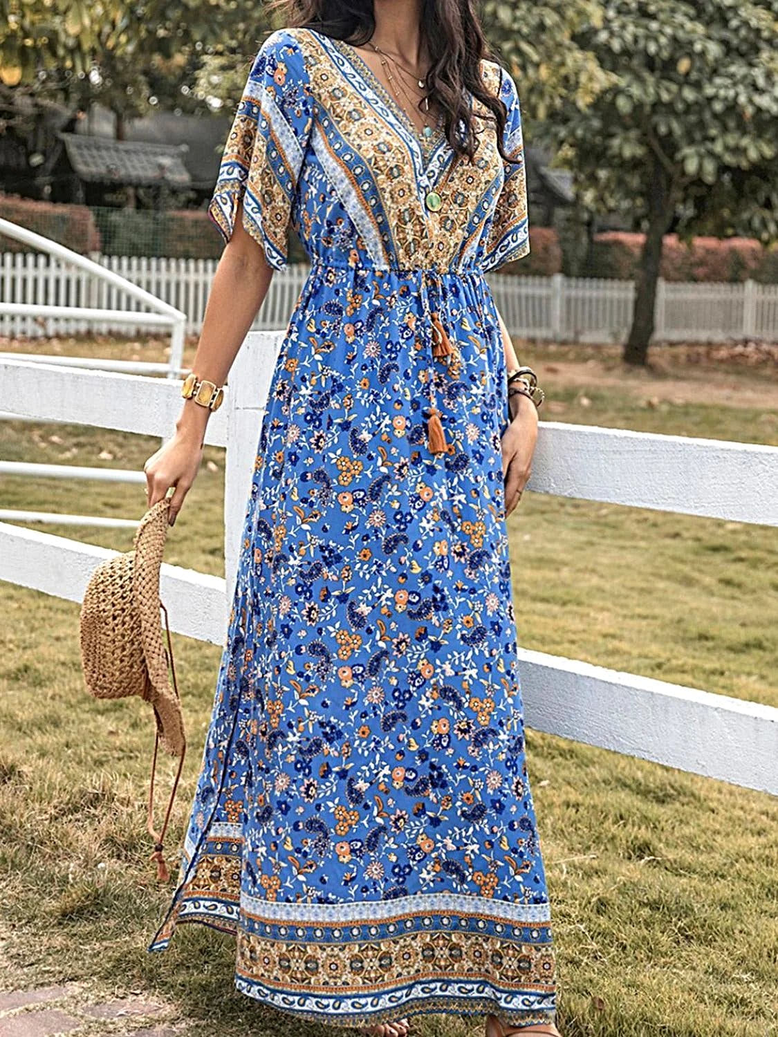Elegant Printed Half Sleeve Dress with Slit - V-Neck Maxi Style in 100% Viscose Trendsi