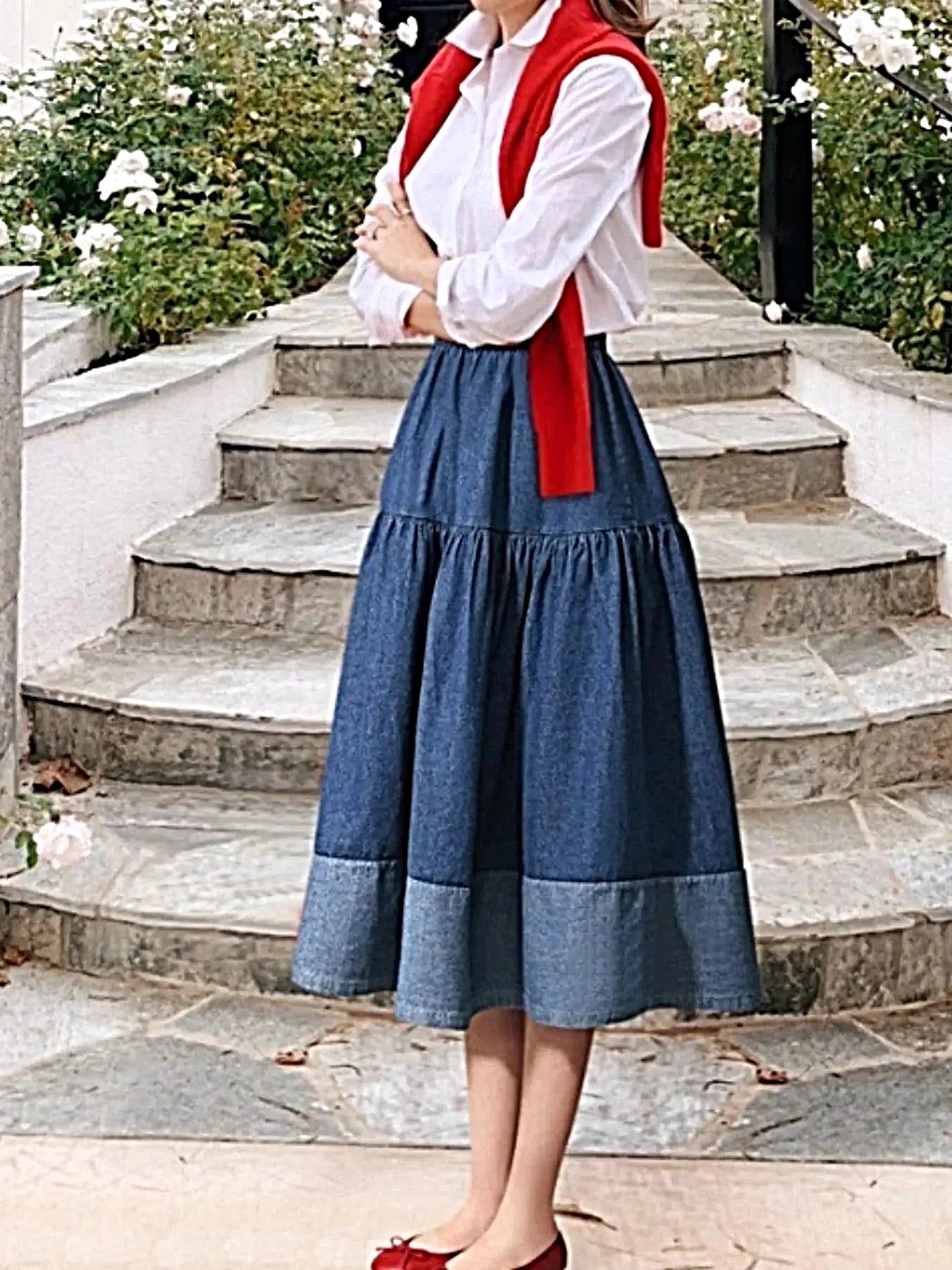 Elegant Tiered Denim Skirt - Midi Length, 100% Polyester, Machine Washable -