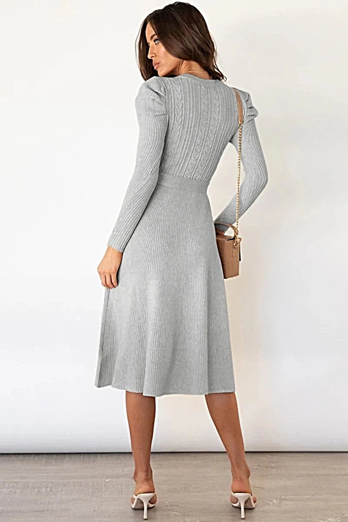 S-2XL • Tie Waist Sweater Dress • Round Neck, Long Sleeves • Stretchy Opaque Fabric -