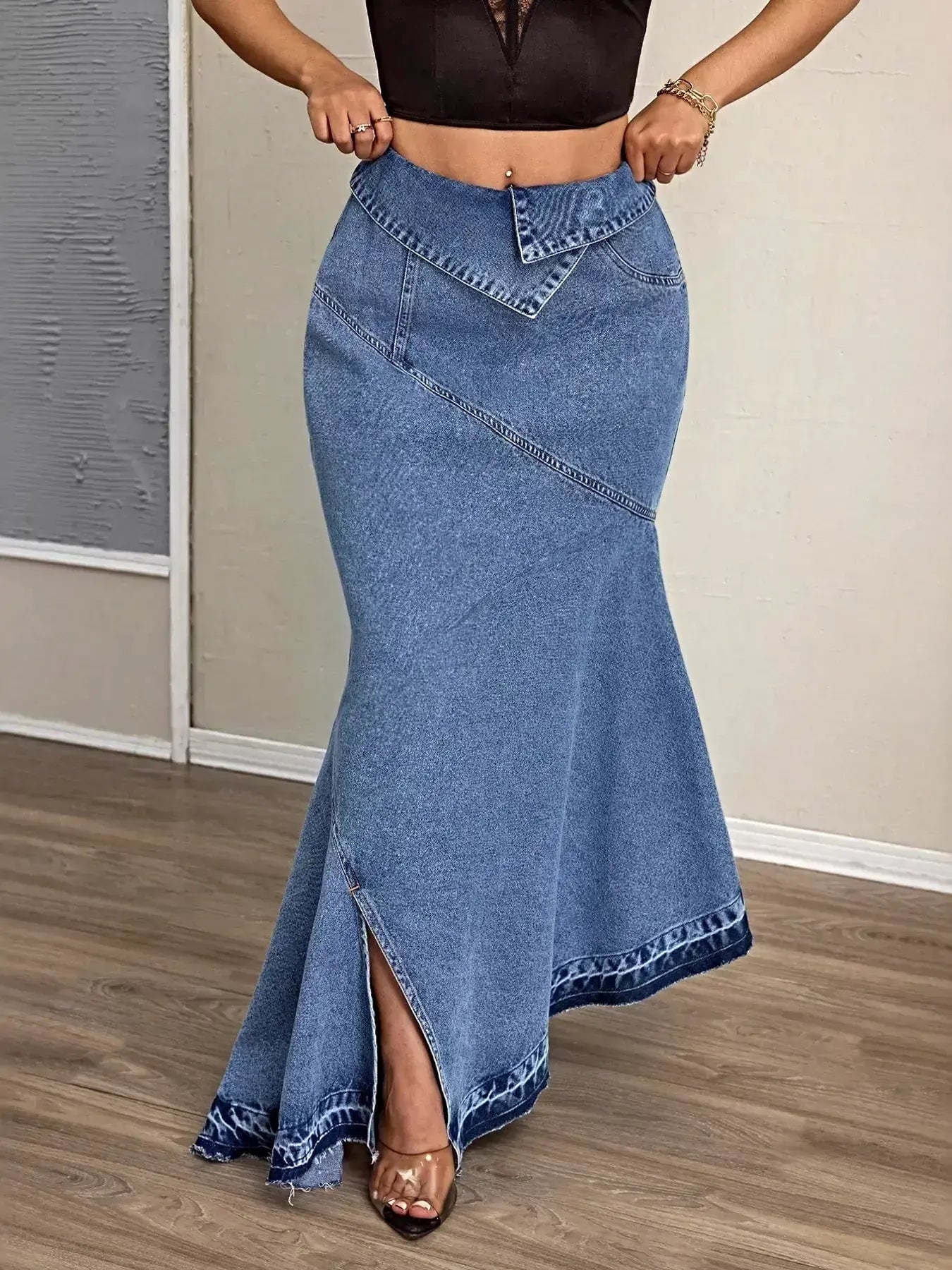 High-Waist Asymmetrical Slit Denim Maxi Mermaid Skirt -