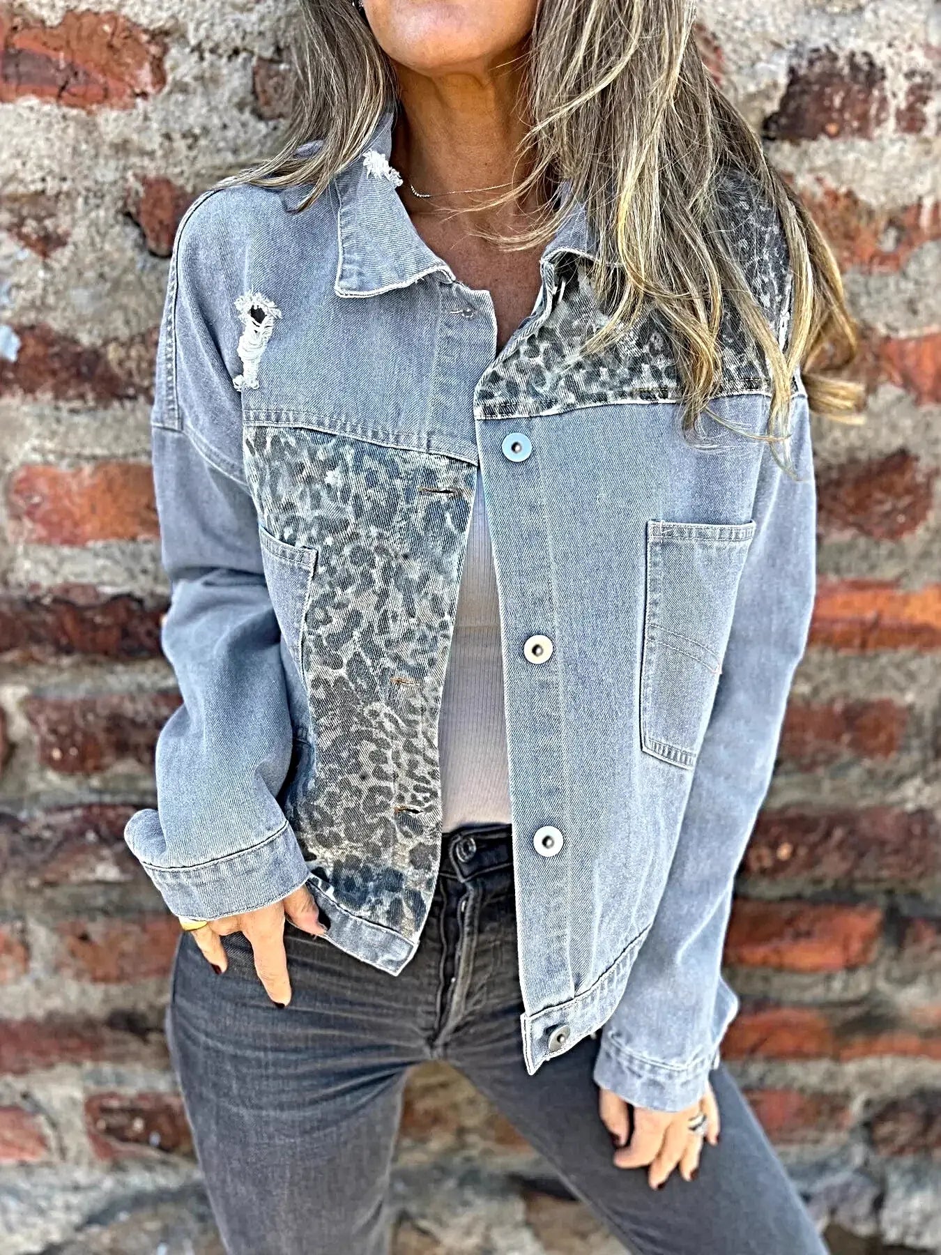 Full Size Leopard Button Up Denim Jacket Plus Size -