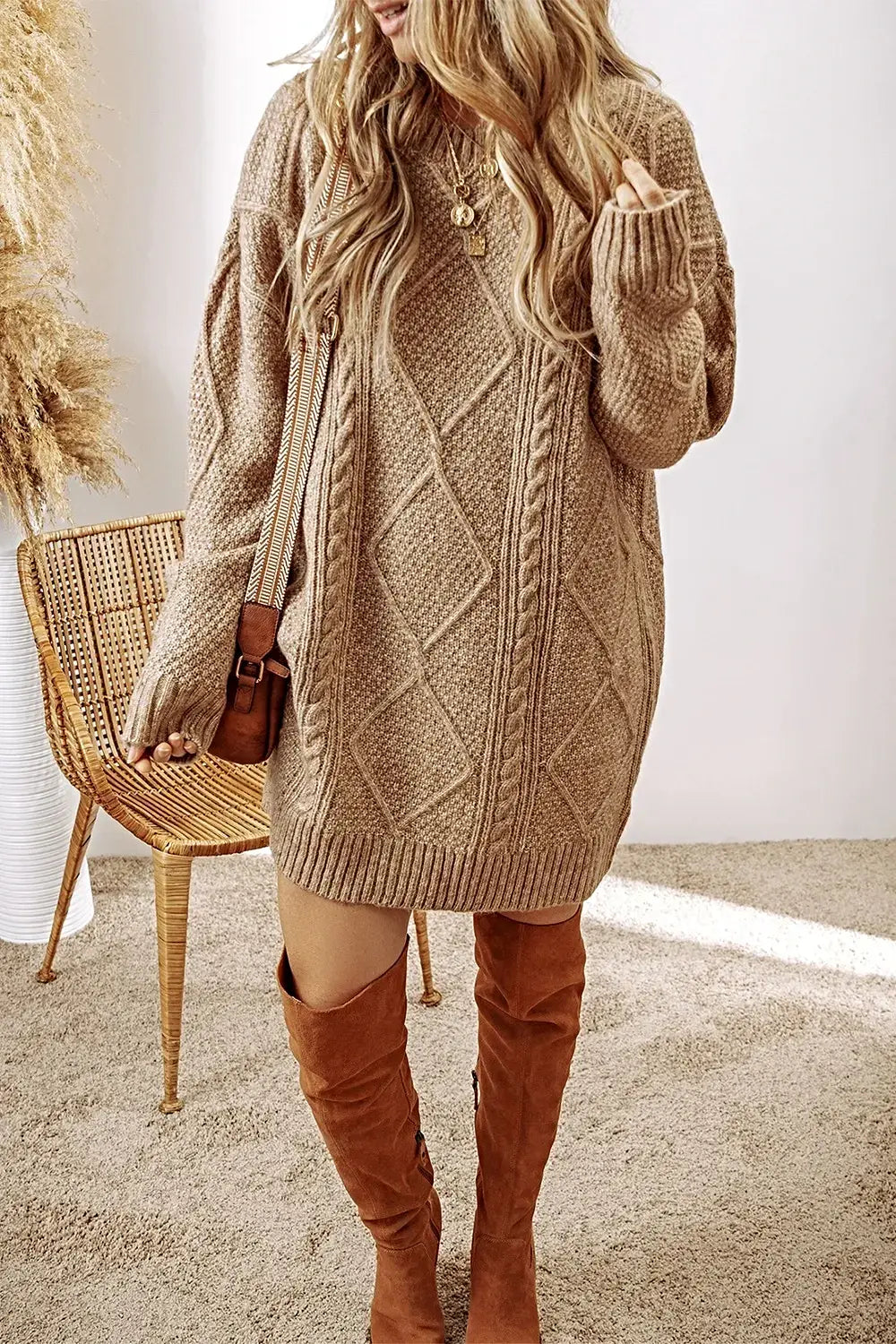 Cable-Knit Round Neck Sweater Dress -