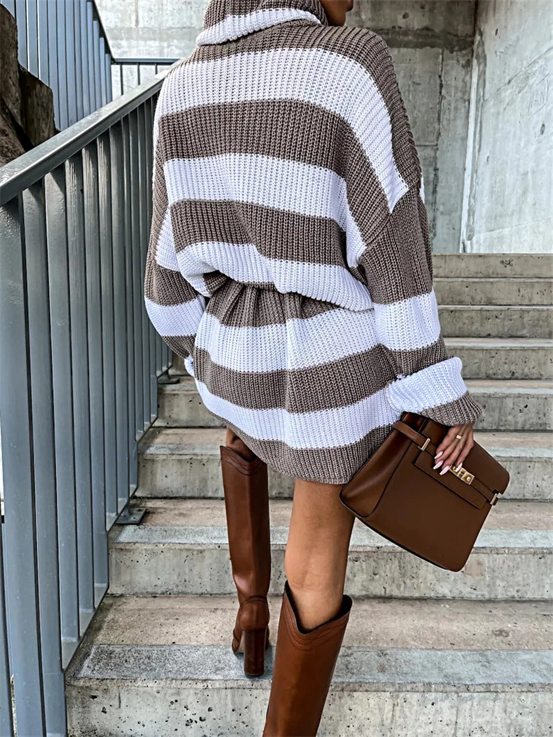 Luxurious Striped Turtleneck Sweater Dress in 100% Polyester – Stylish & Stretchy Fit Trendsi