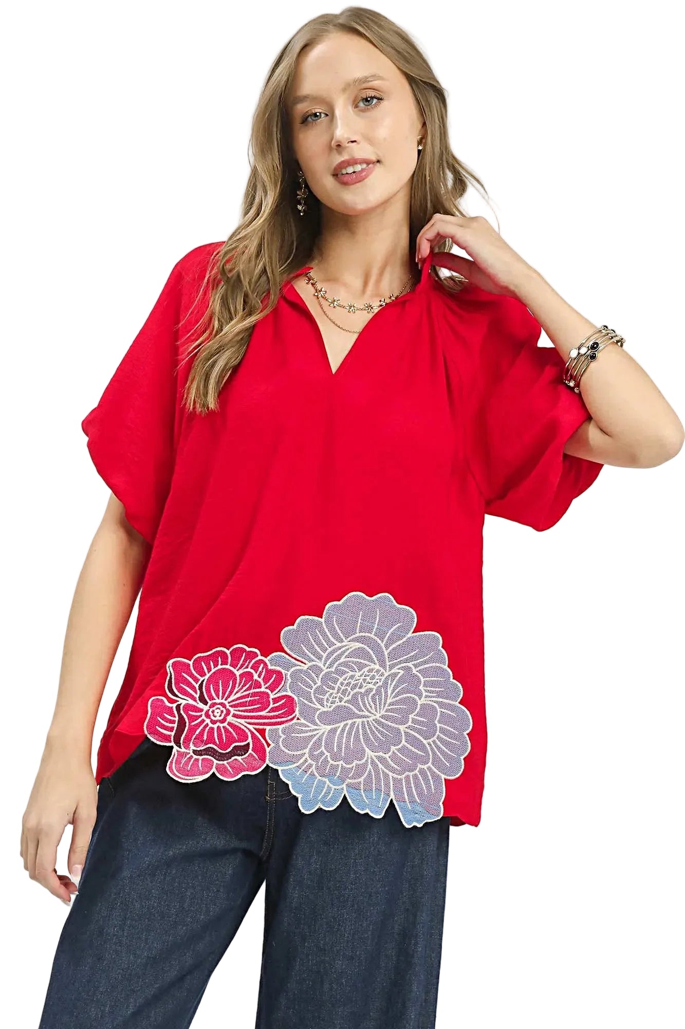Umgee Floral Embroidered Hem Blouse -