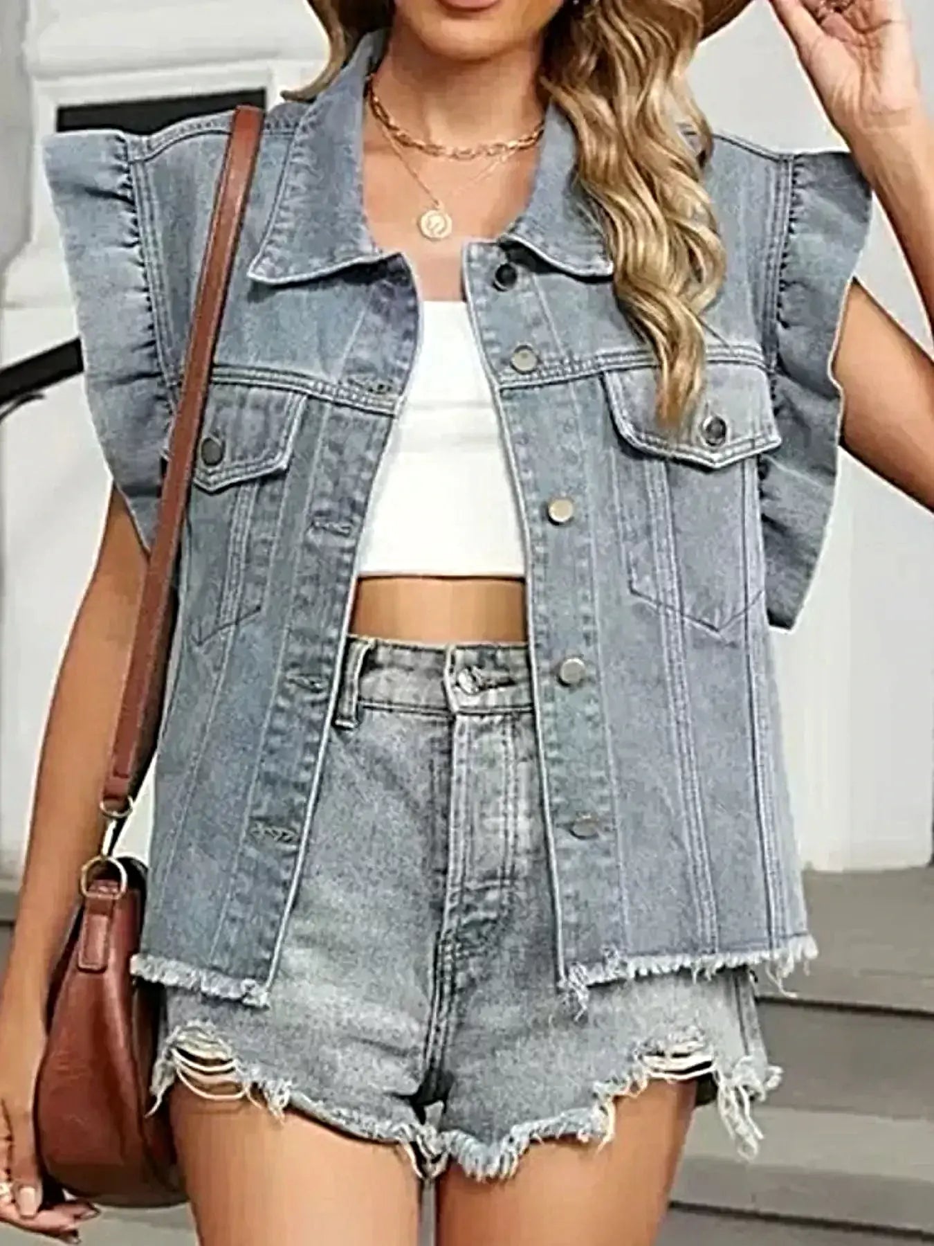 Ruffled Raw Hem Button Up Denim Jacket -