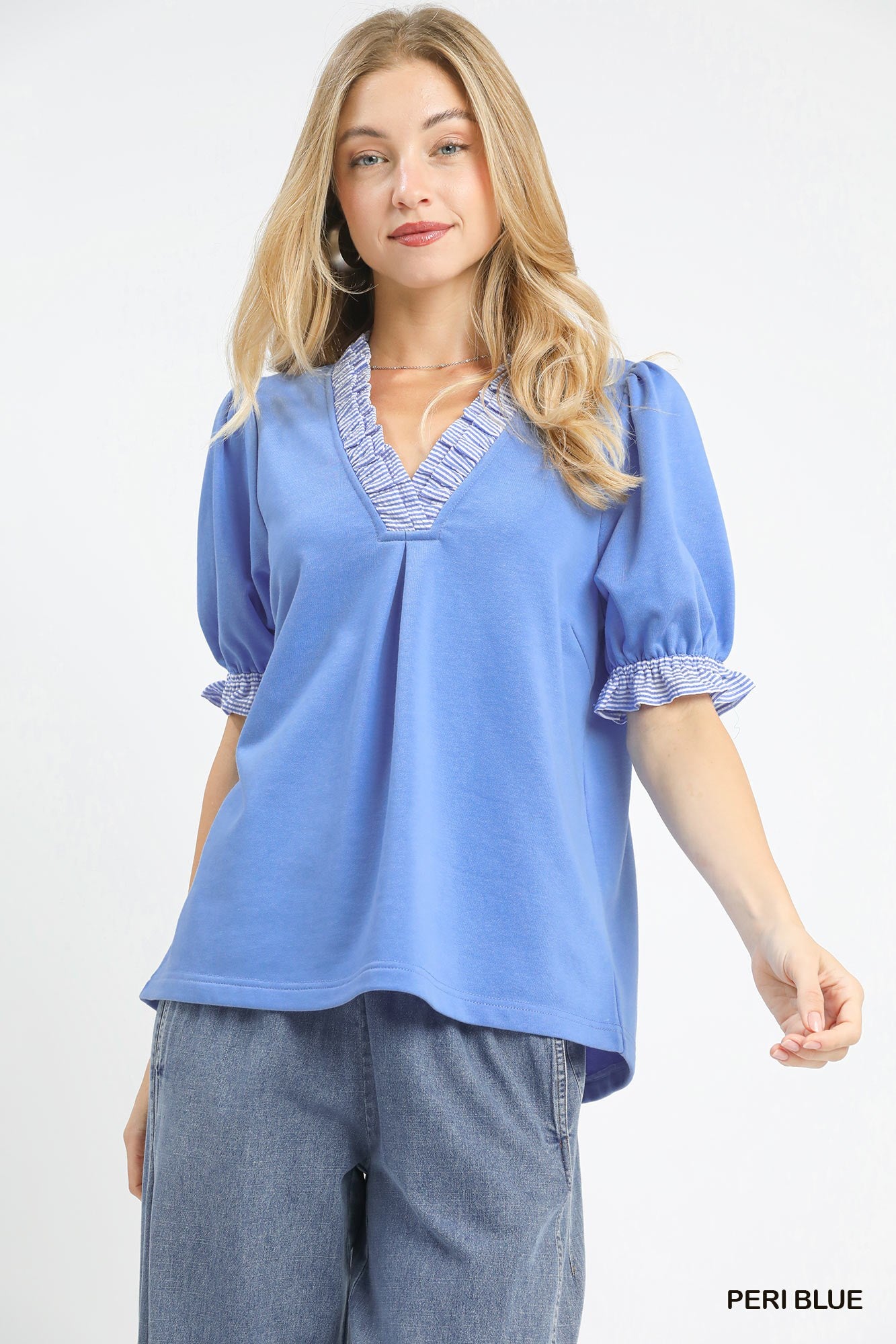 Umgee French Terry Ruffle Trim Puff Sleeve Top -