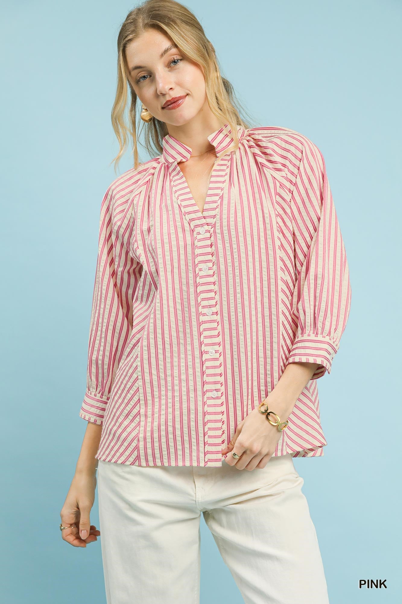 Umgee Striped V-Neck Button Down Top -