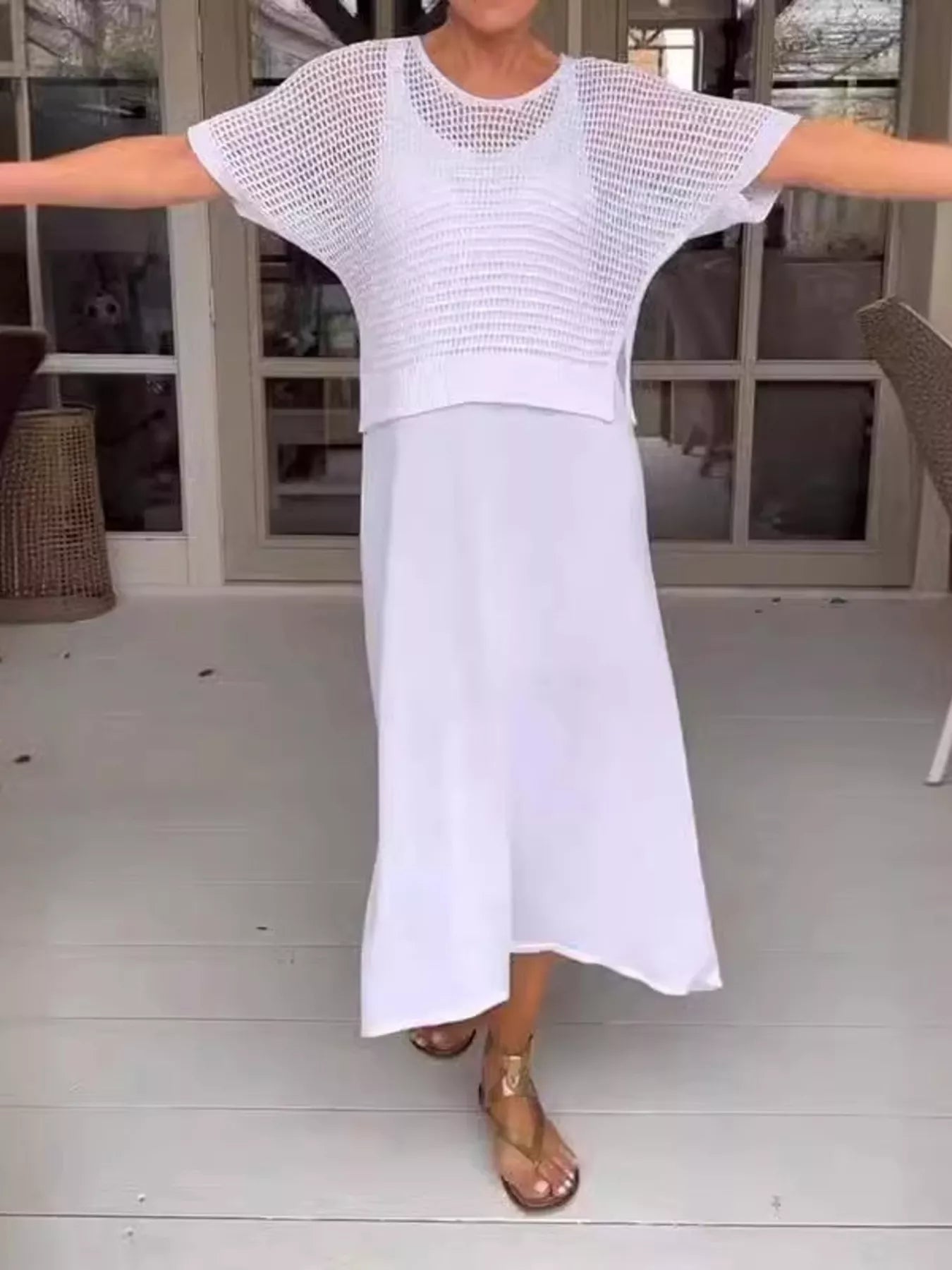 Full Size Openwork Knit Cover Up and Dress Set Plus Size -