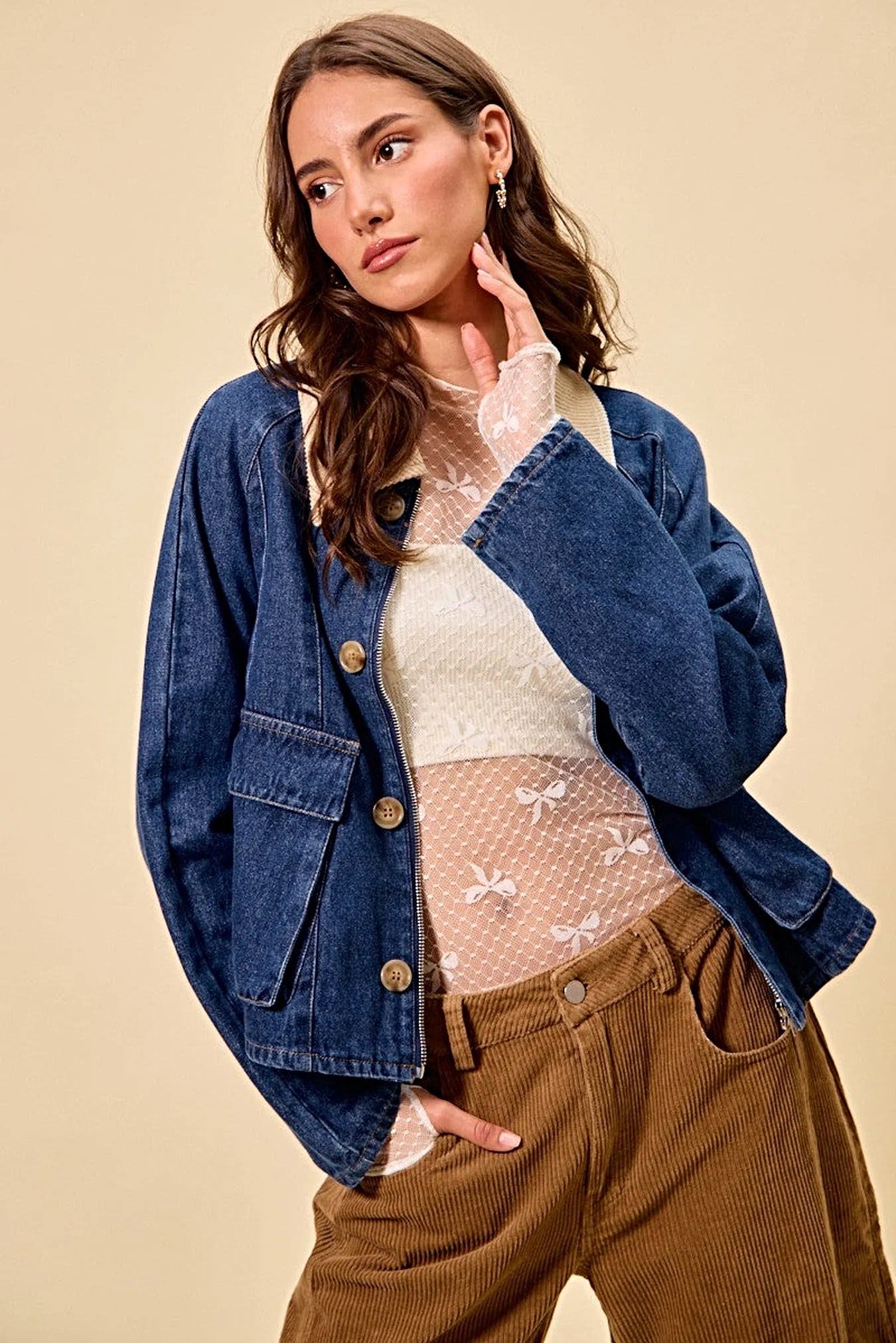 SO ME Zip Up And Buttoned Denim Jacket -