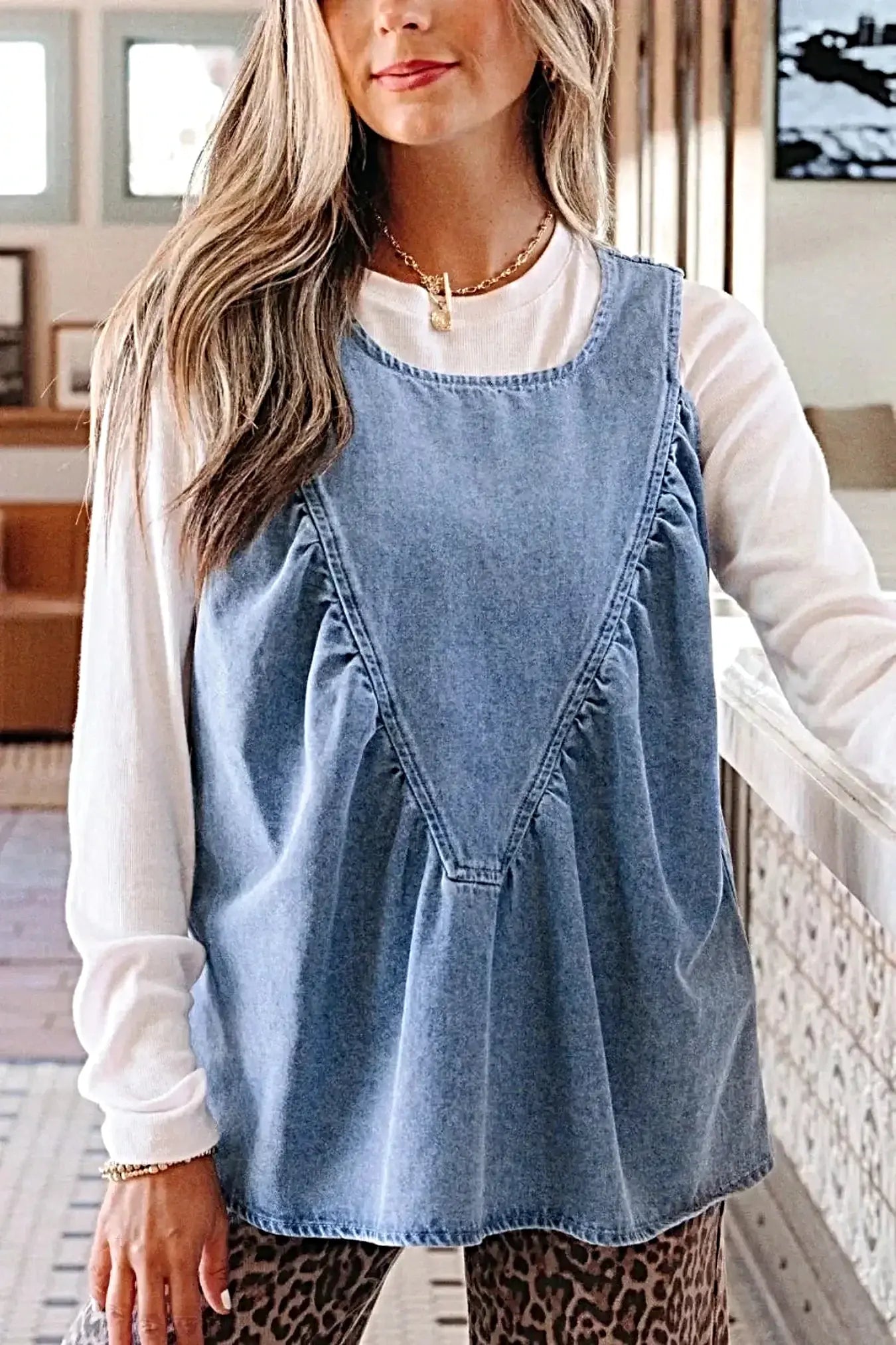 Denim Pleated Patchwork Sleeveless Top -