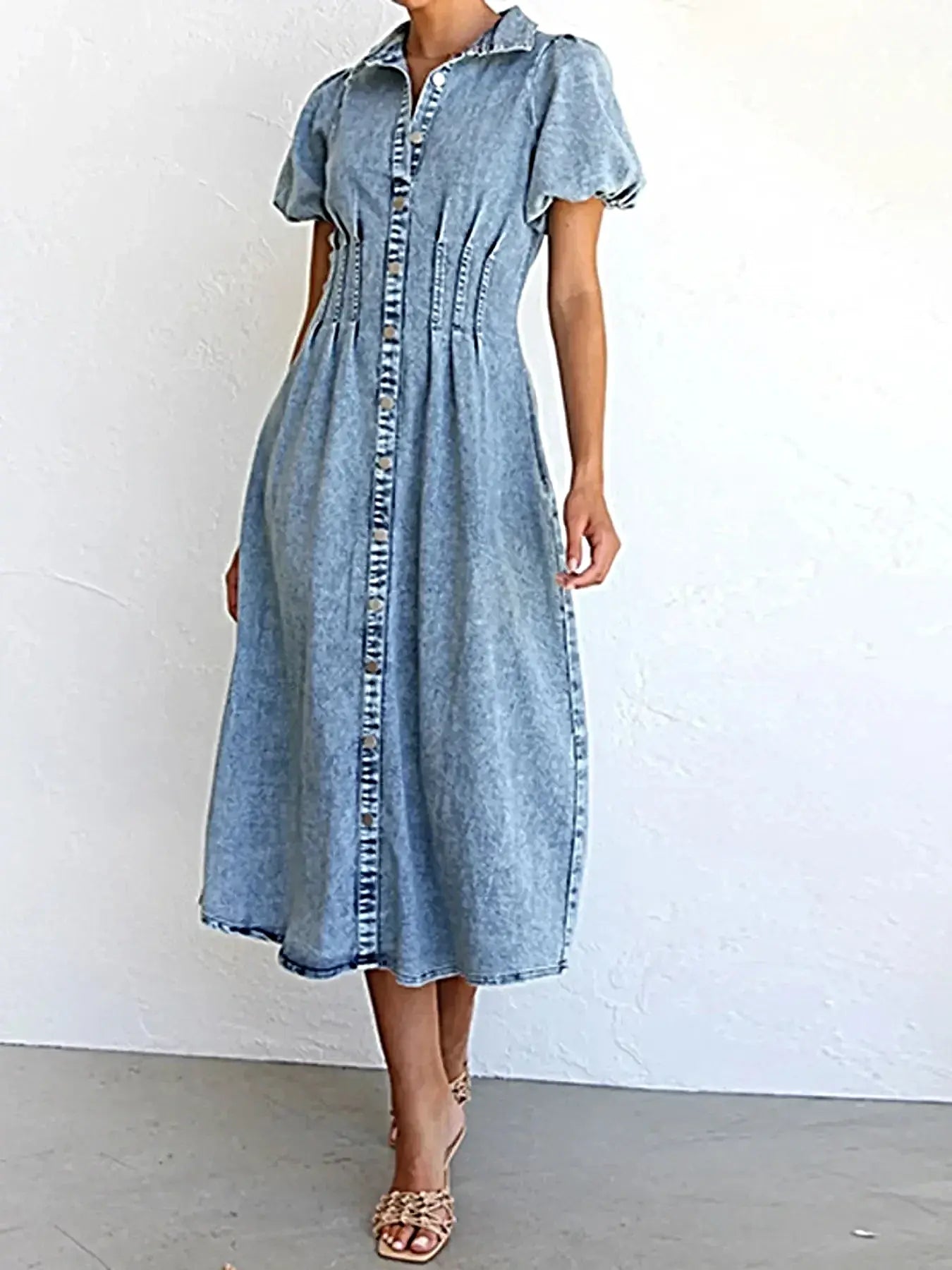 Puff Sleeve Button Front Denim Midi Dress -