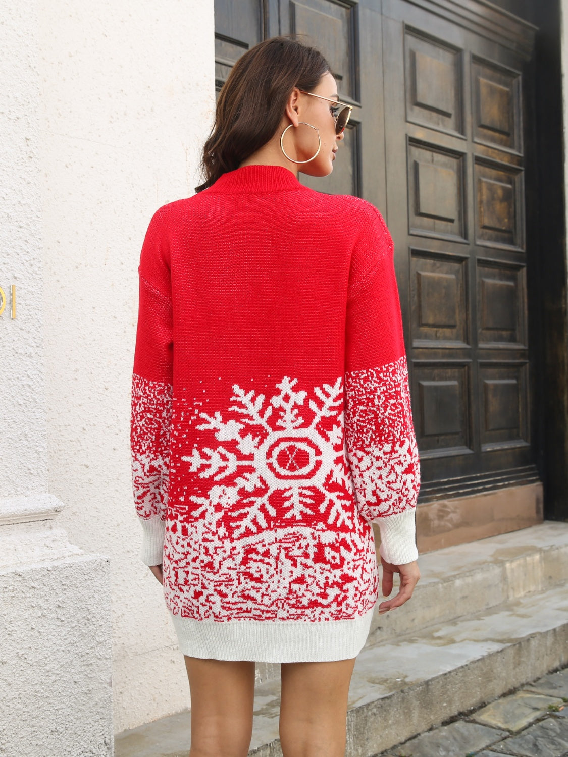 Elegant Snowflake Pattern Sweater Dress with Moderate Stretch and Ribbed Design -