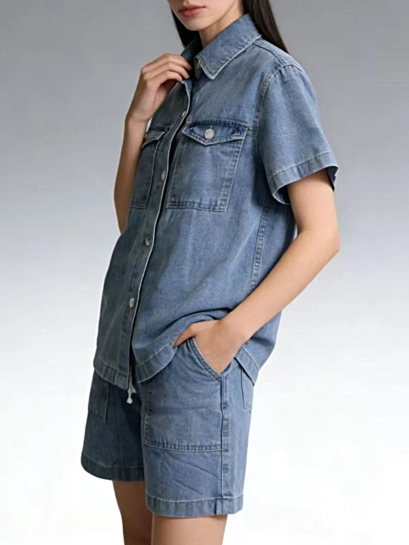 Button Up Short Sleeve Top and Shorts Denim Set -