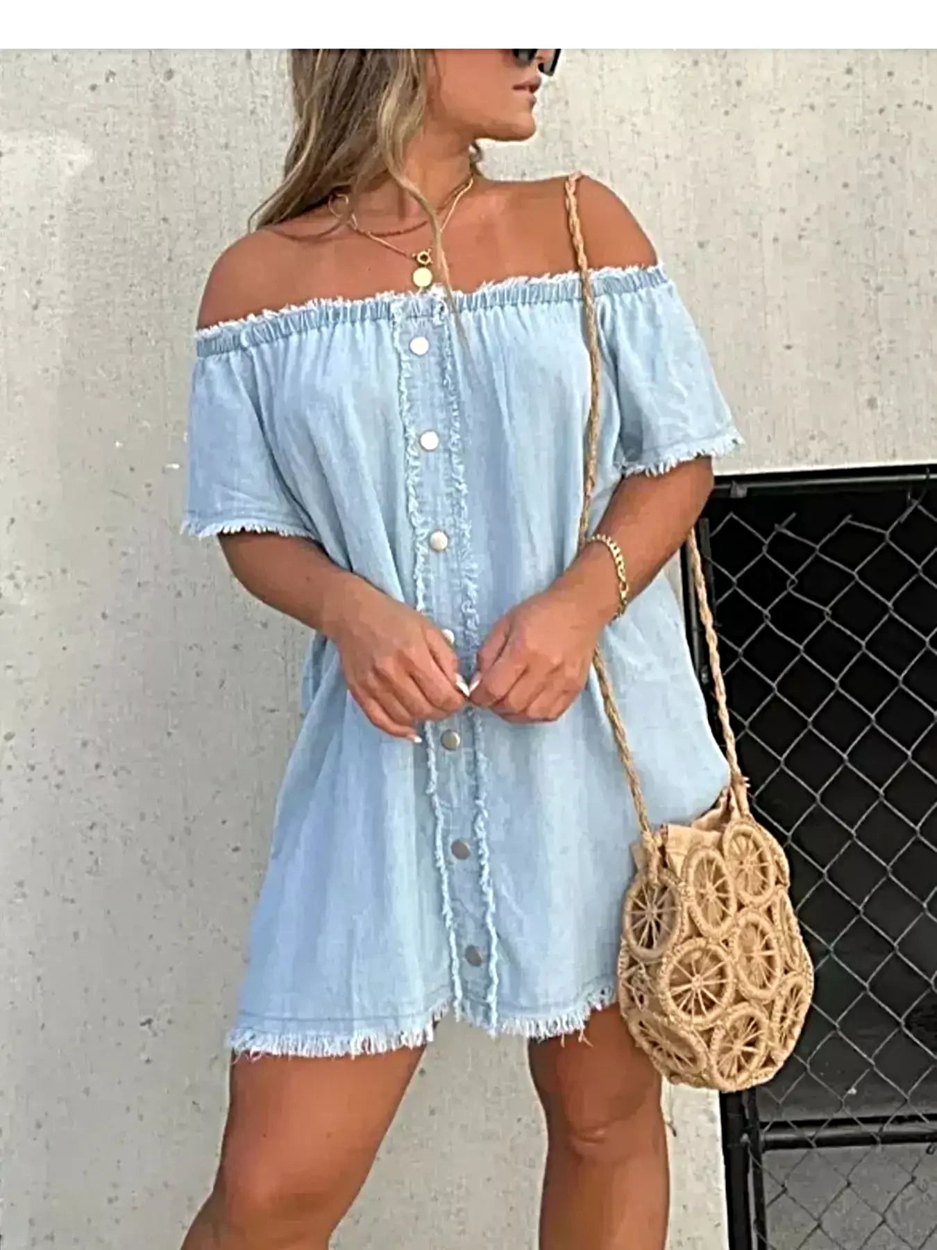 Full Size Off-Shoulder Button-Down Frayed Denim Dress Plus Size -