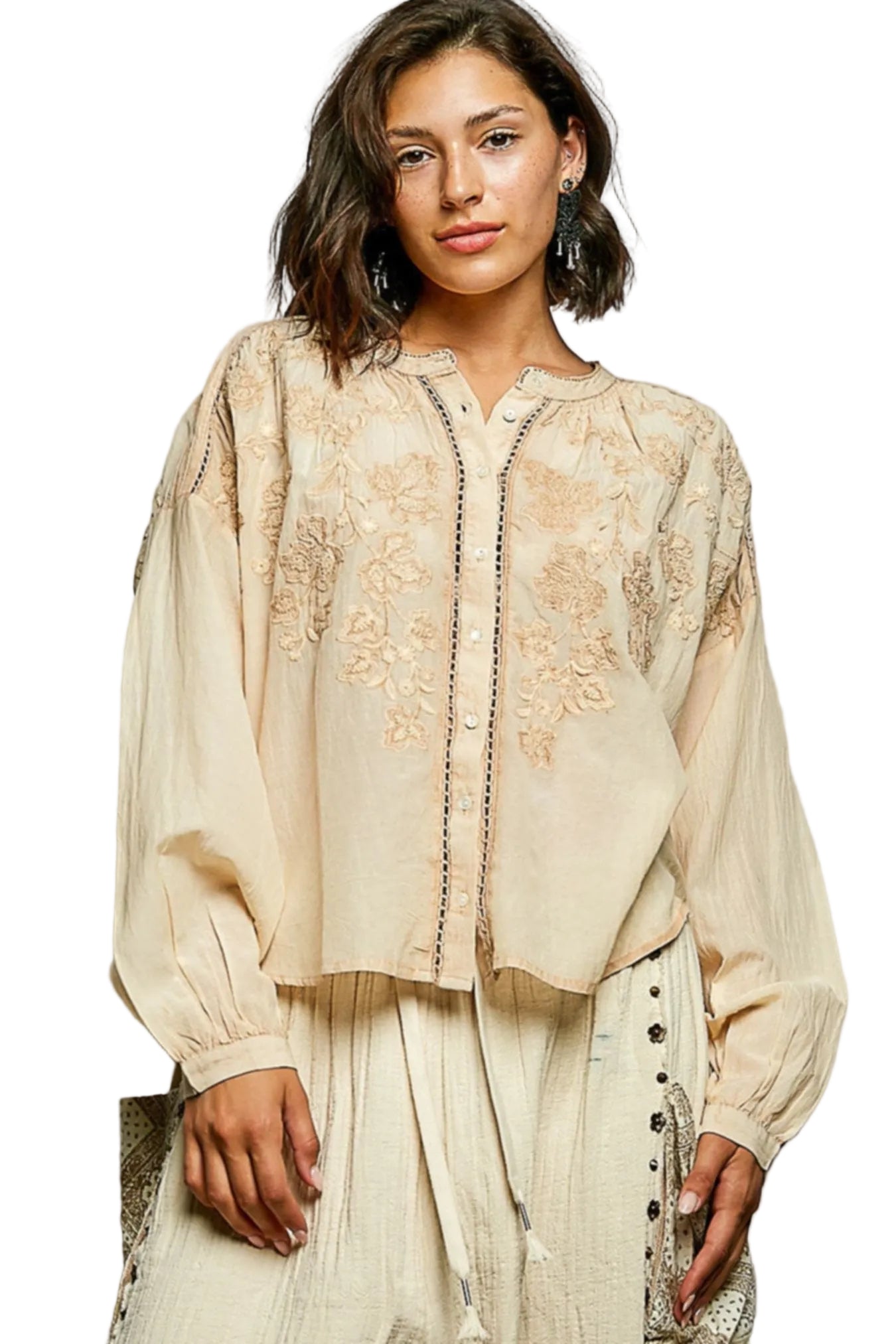 POL Embroidery Button Down Long Sleeve Washed Shirt -
