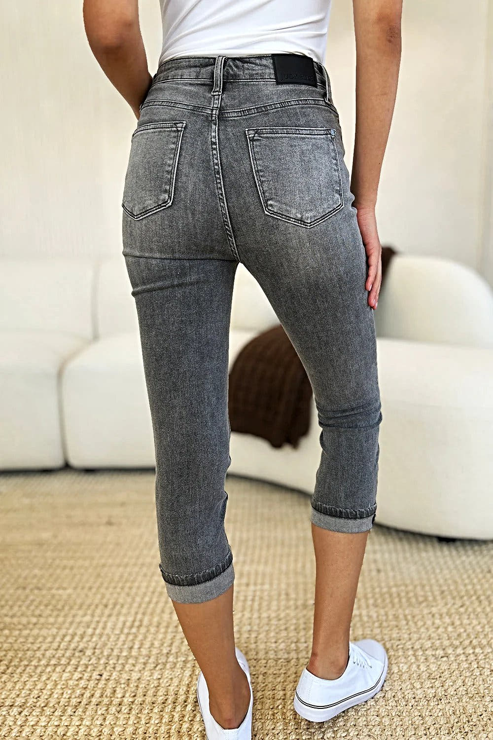 Judy Blue Full Size Button Fly High Waist Cuffed Capris -