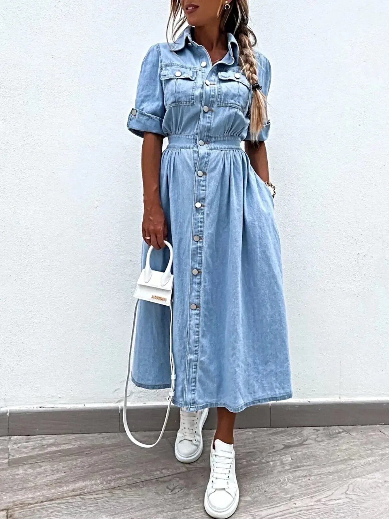 Full Size Button Down Roll-Up Sleeve Denim Shirt Dress Plus Size -