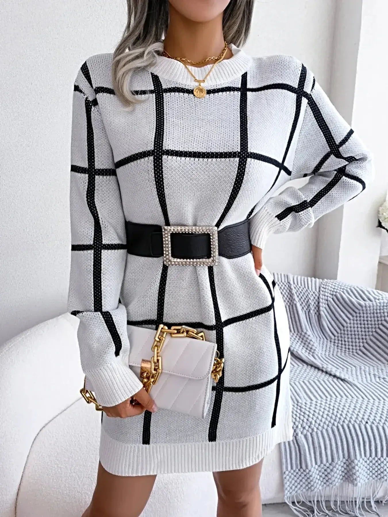 Plaid Round Neck Dropped Shoulder Sweater Dress -
