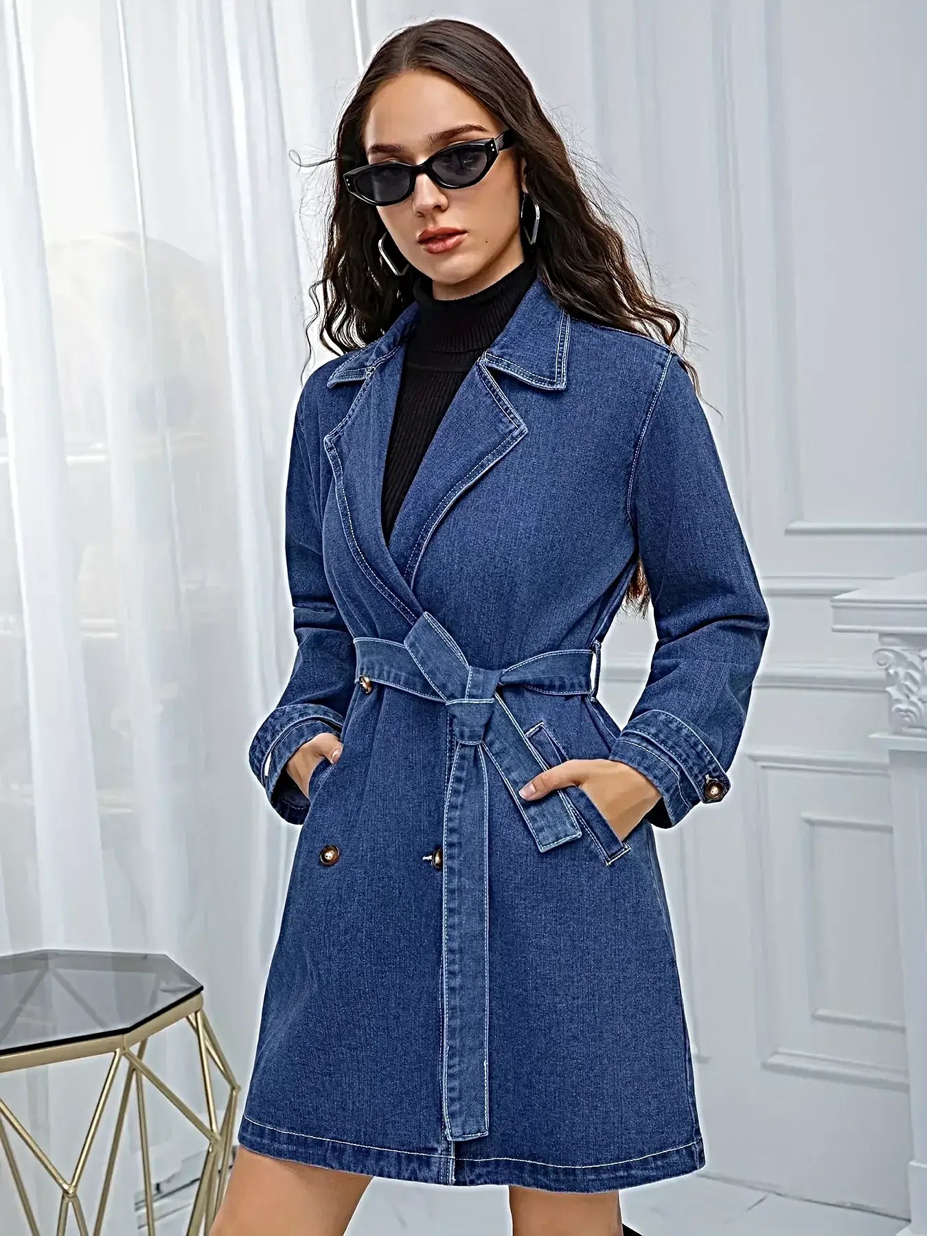Belted Double-Breasted Denim Jacket -
