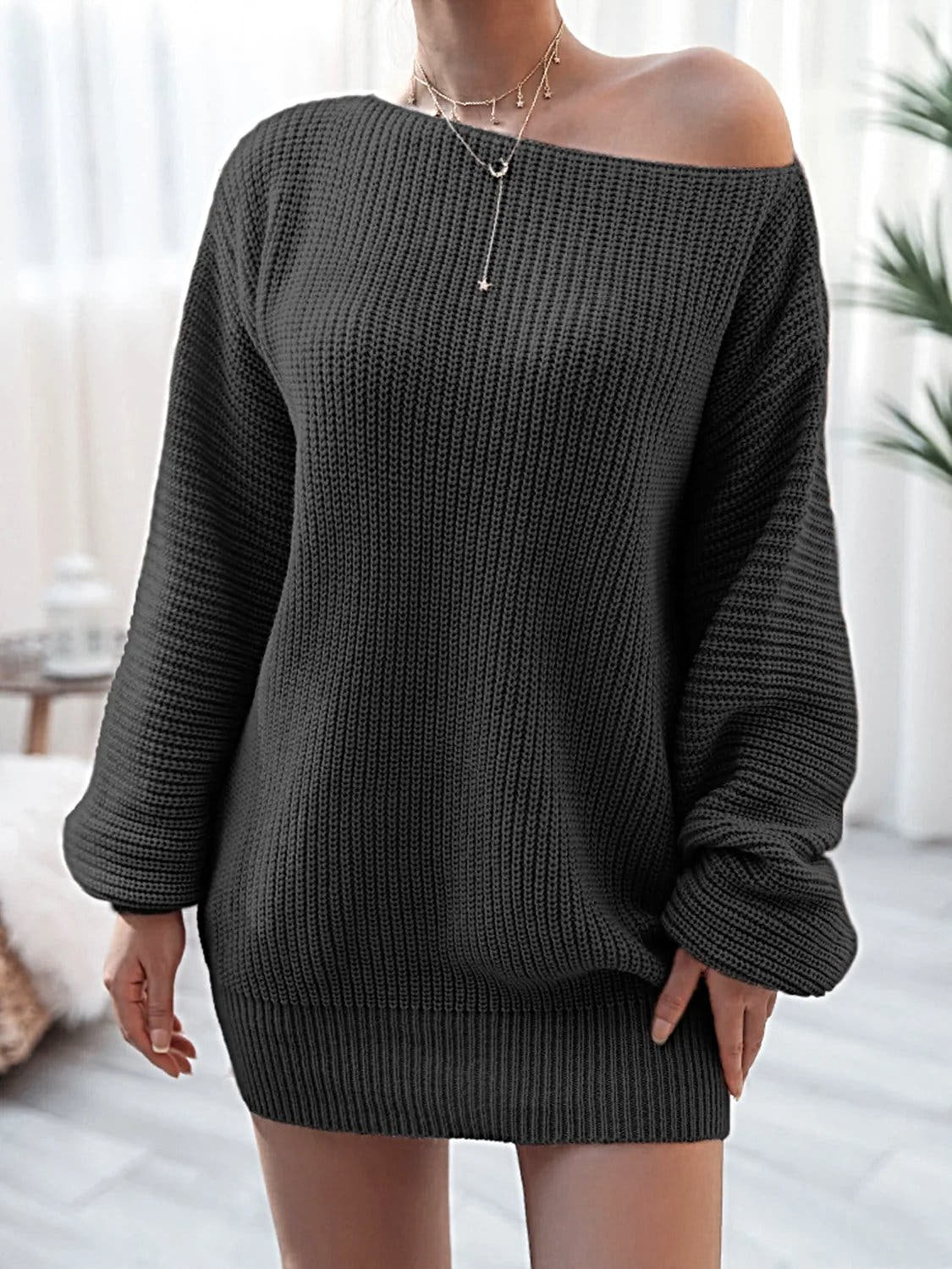 Rib-Knit Mini Sweater Dress -