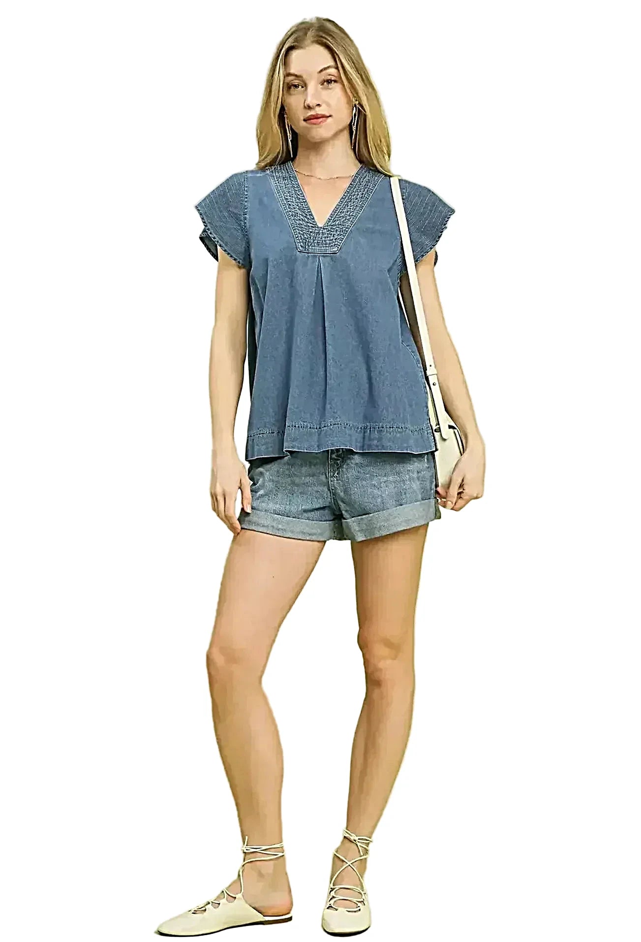 Umgee Cap Sleeve Denim Top -