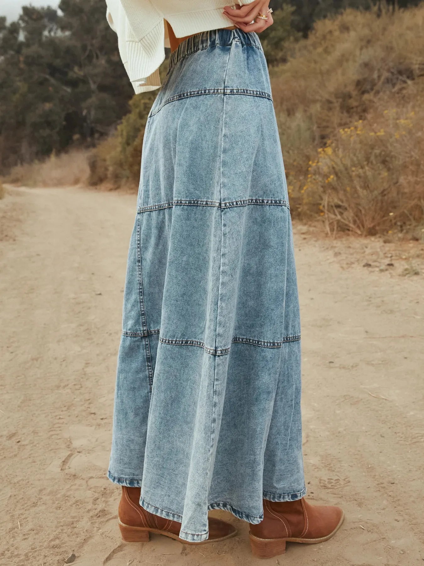 Button-Front Tiered Maxi Denim Skirt -