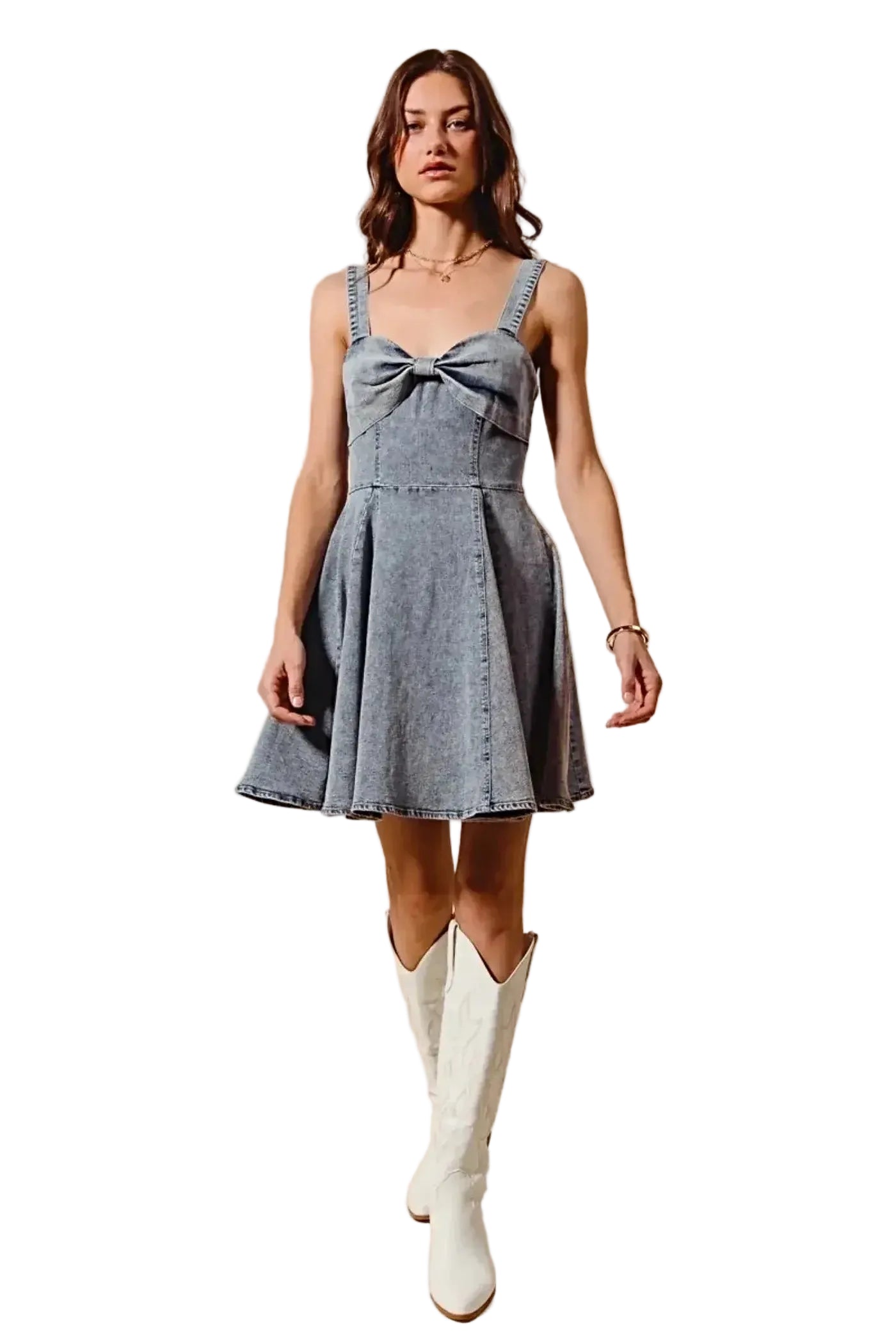 SO ME Mineral Washed Bow Ribbon Denim Flare Dress -