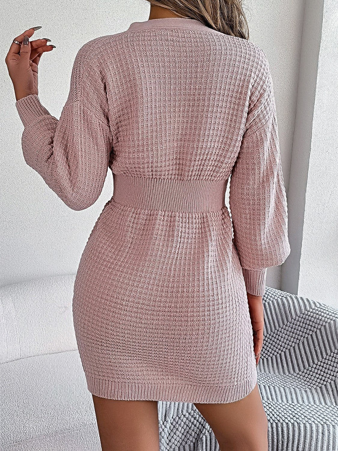 Elegant Buttoned Cable-Knit Dress with V-Neck, Moderate Stretch - 100% Acrylic Trendsi