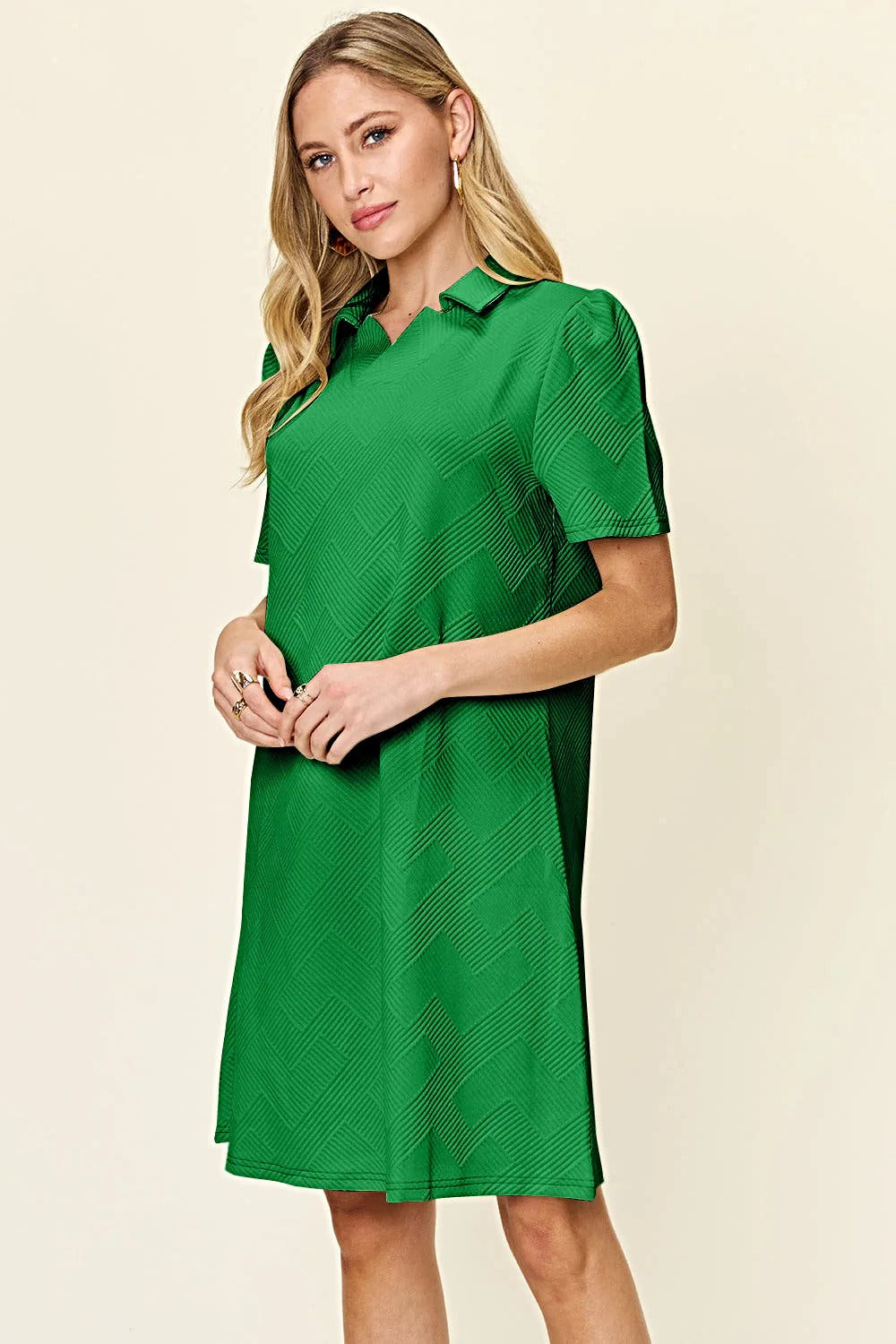 Elegant Double Take Short Sleeve Collar Dress - Textured Opaque Design, Slightly Stretchy, Machine Washable Trendsi