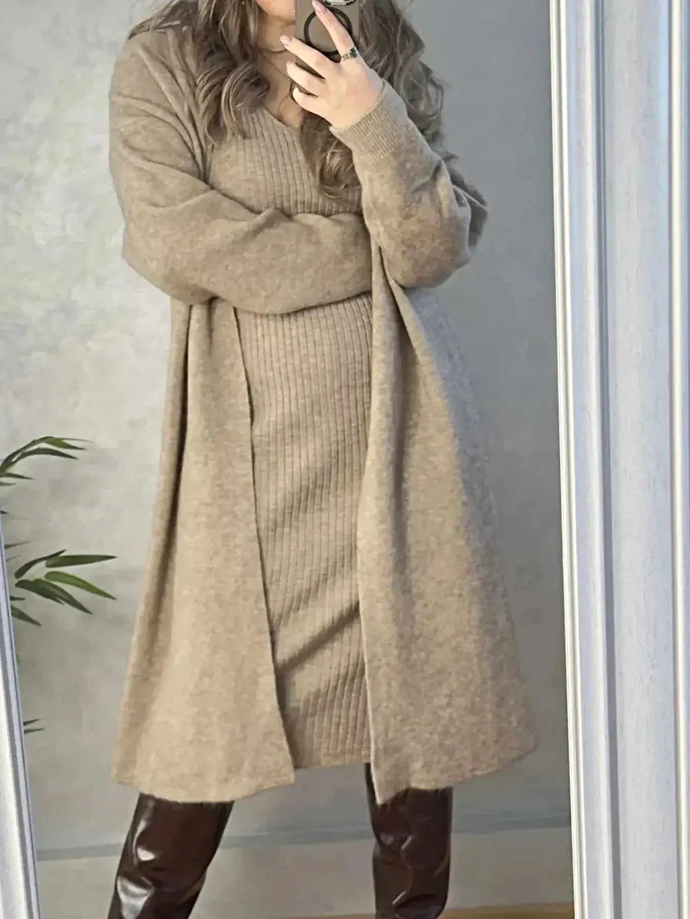 V-Neck Cami Dress and Open Front Cardigan Sweater Set -