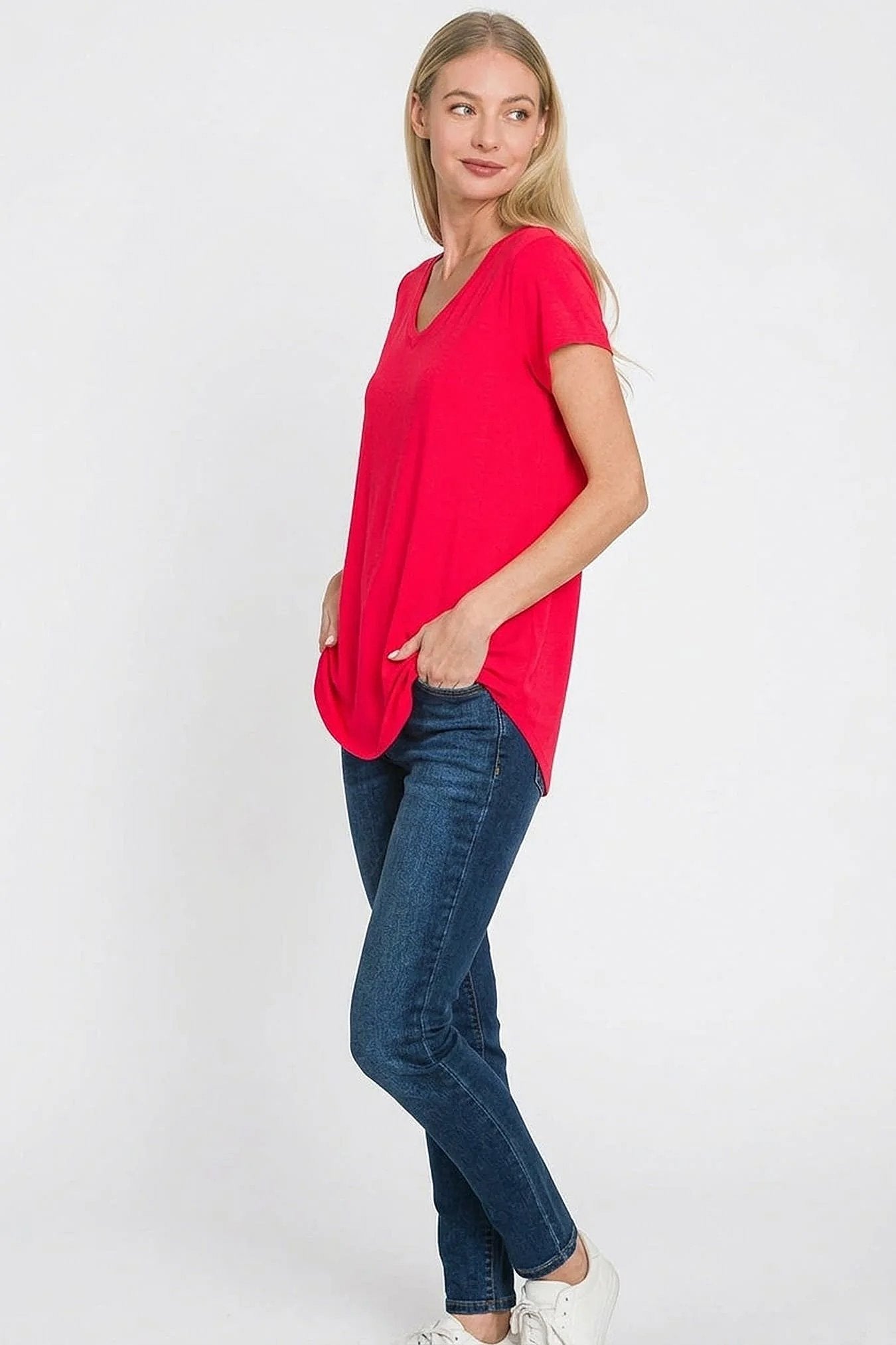 Zenana Rayon Short Sleeve V-neck Round Hem Top -