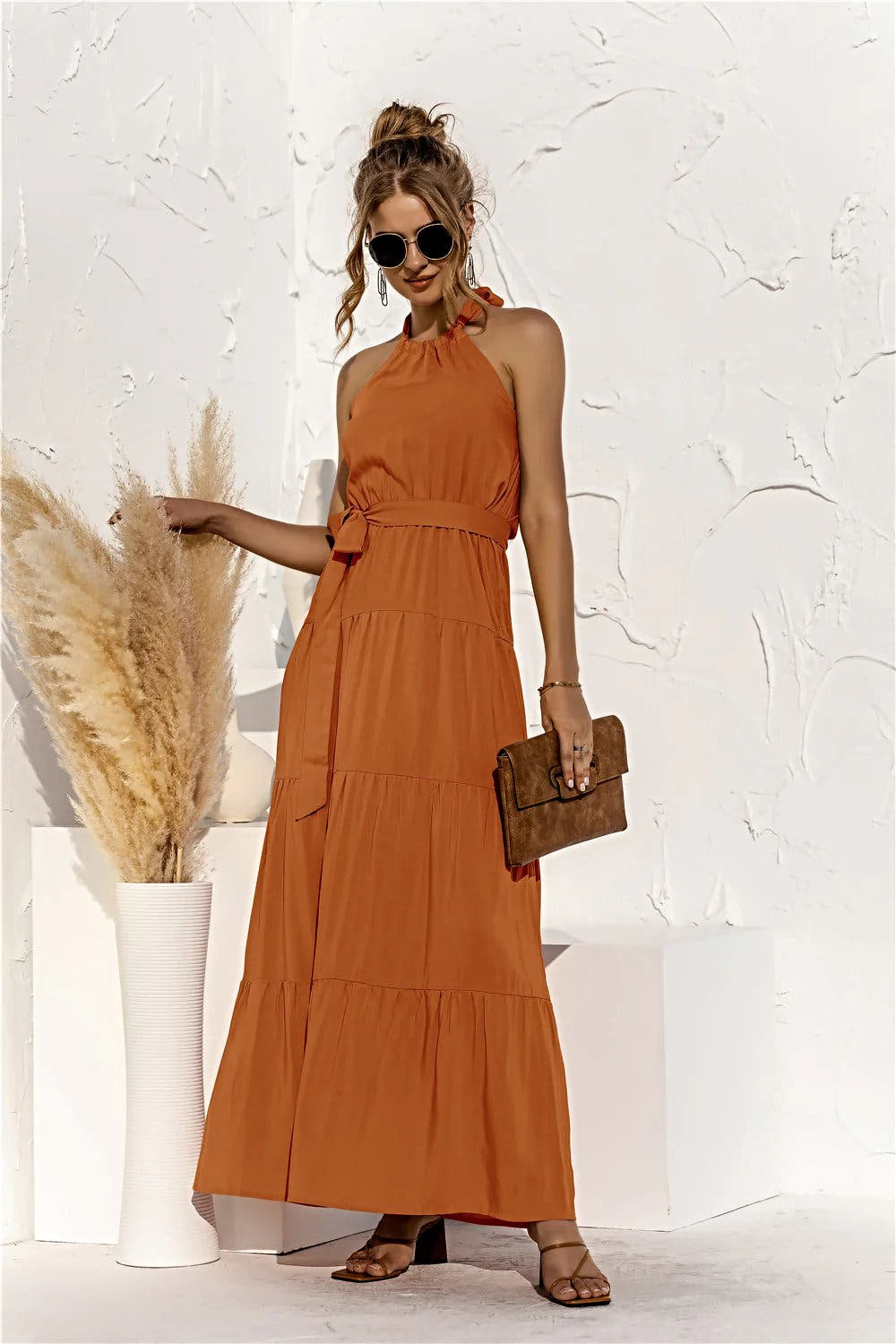Halter Neck Tie Waist Tiered Maxi Dress -