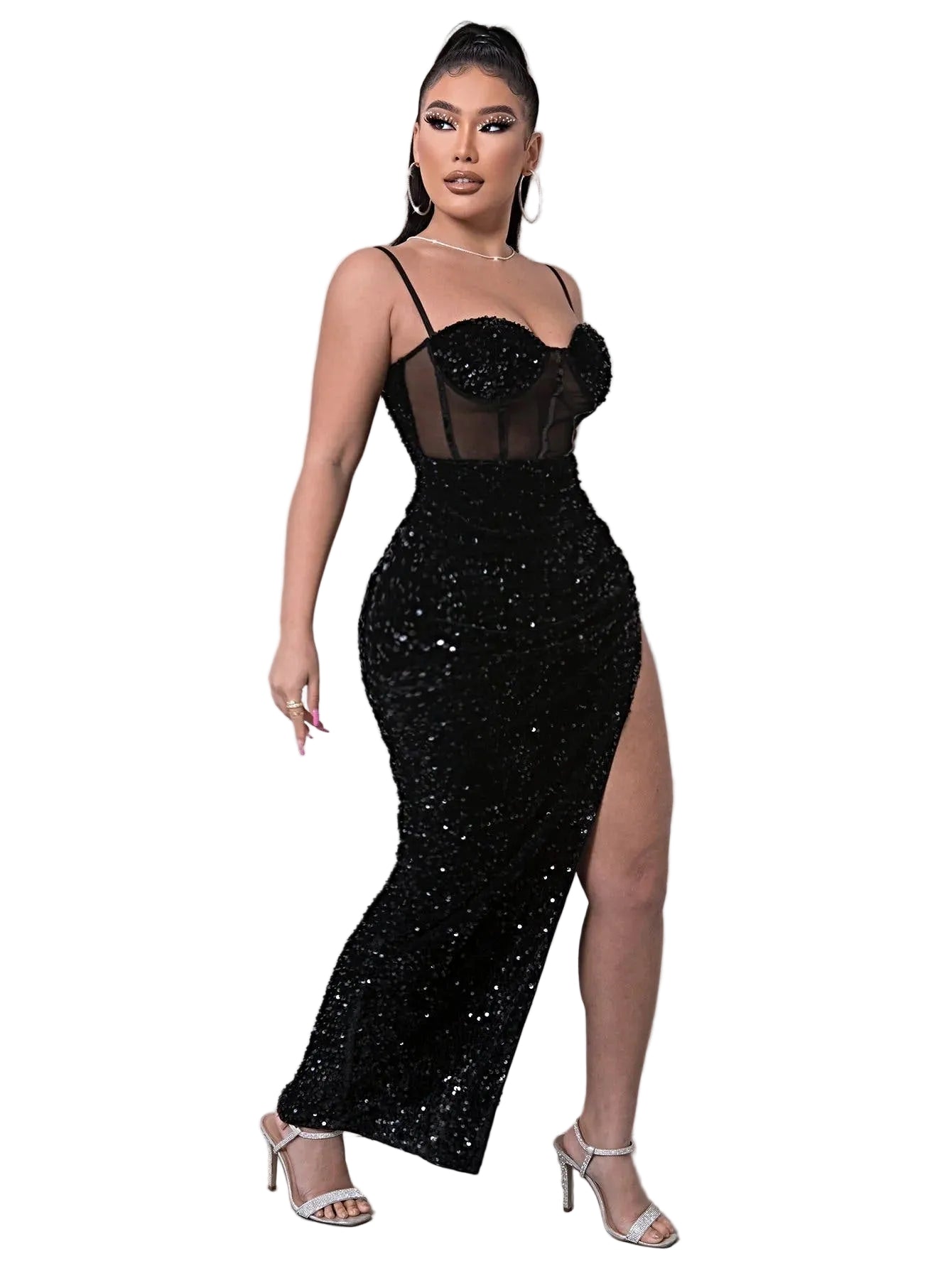 Elegant Maxi Sequin Dress with Spliced Mesh & Adjustable Spaghetti Straps for Chic Style Trendsi