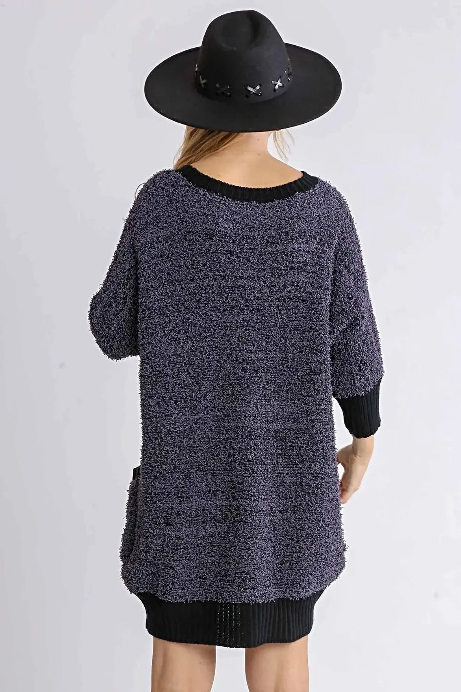 Umgee Full Size Ribbed Hem Round Neck 3/4 Sleeve Sweater Dress with Pockets Plus Size -