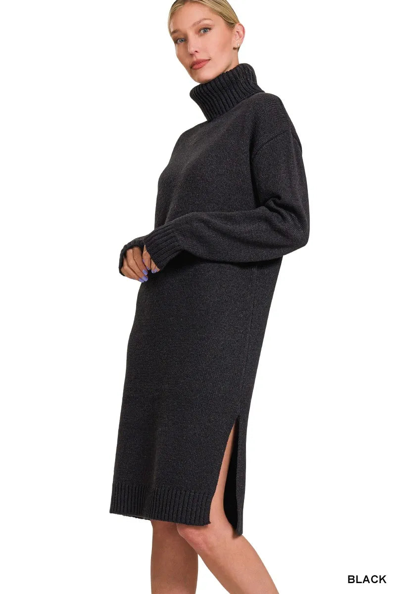 Zenana Turtle Neck Long Sleeve Midi Sweater Dress -