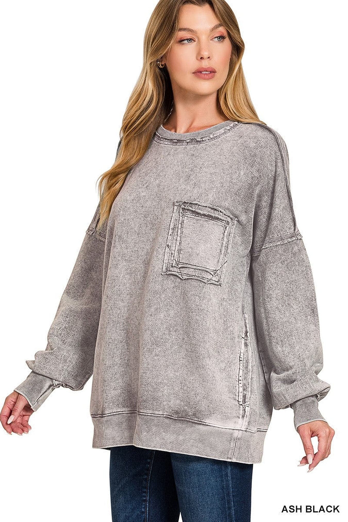 Zenana Halo Washed French Terry Exposed-seam Sweatshirt -