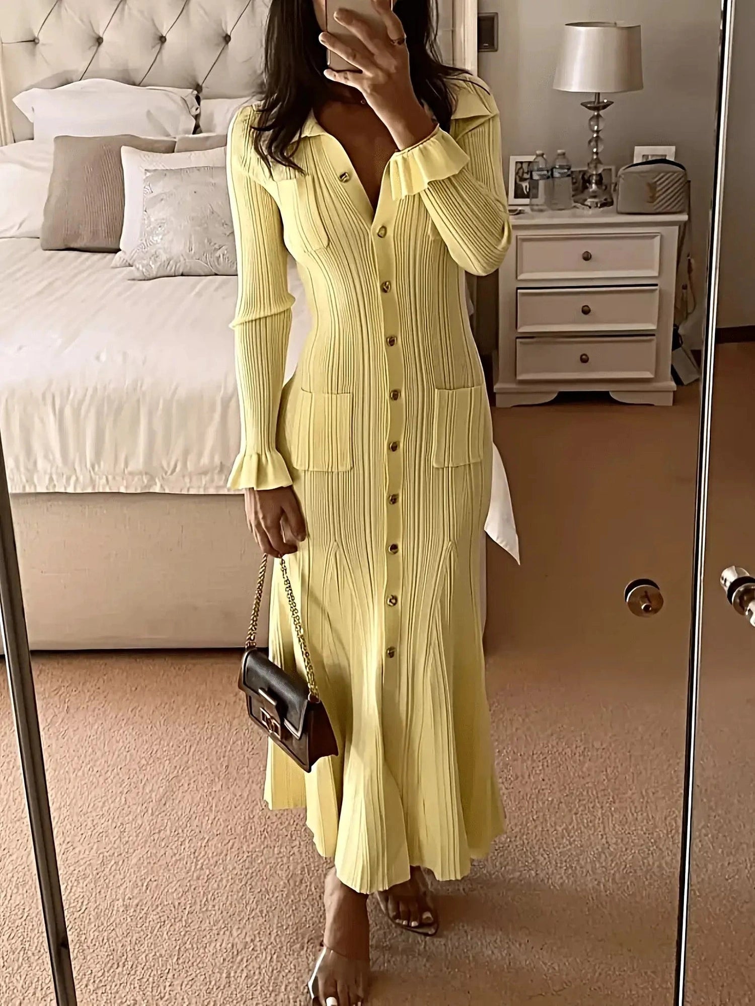 Button-Down Flounce Sleeve Sweater Dress -