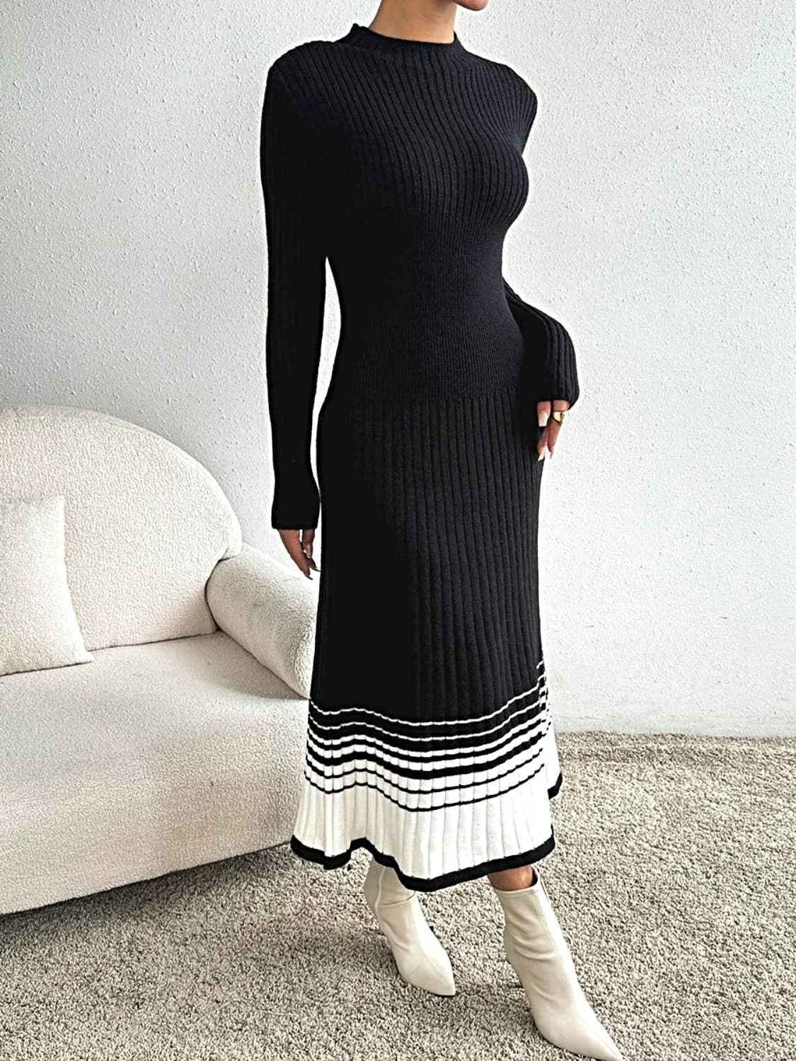 Contrast Mock Neck Long Sleeve Sweater Dress -
