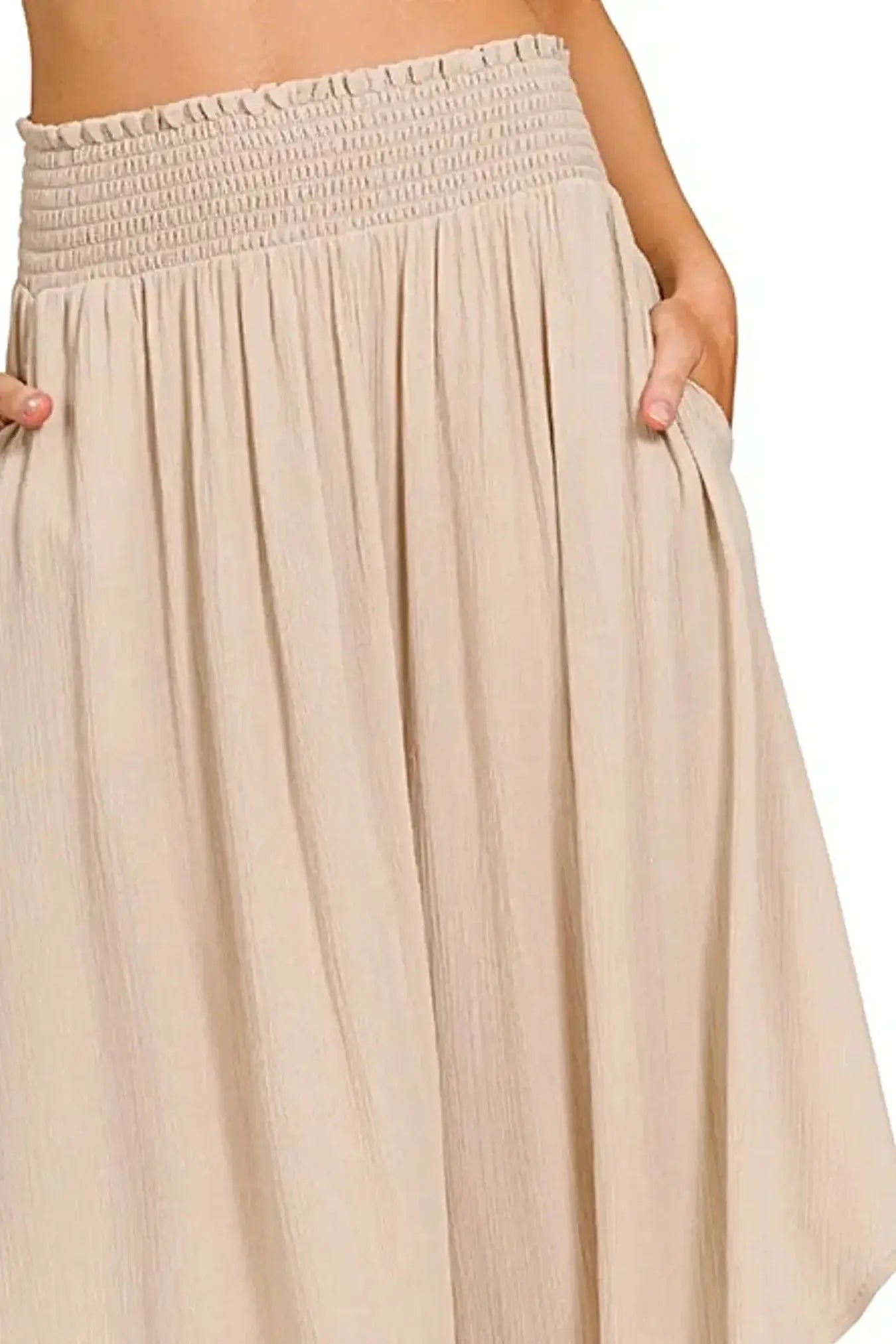 Zenana Woven Crinkle Smocked Waist Maxi Skirt W Pockets -