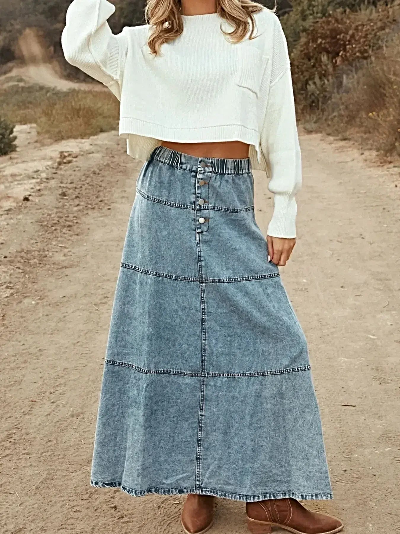 Button-Front Tiered Maxi Denim Skirt -