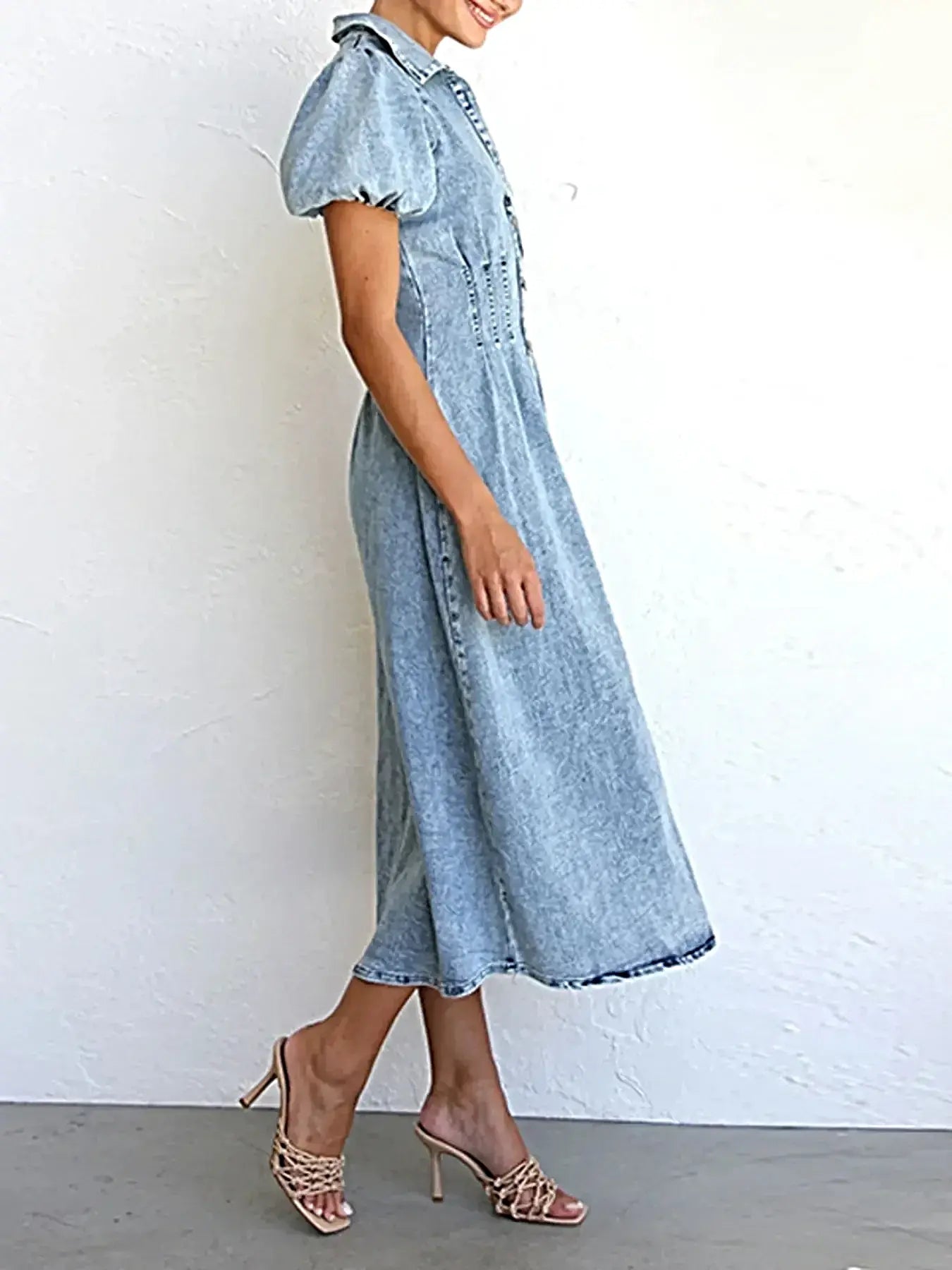 Puff Sleeve Button Front Denim Midi Dress -