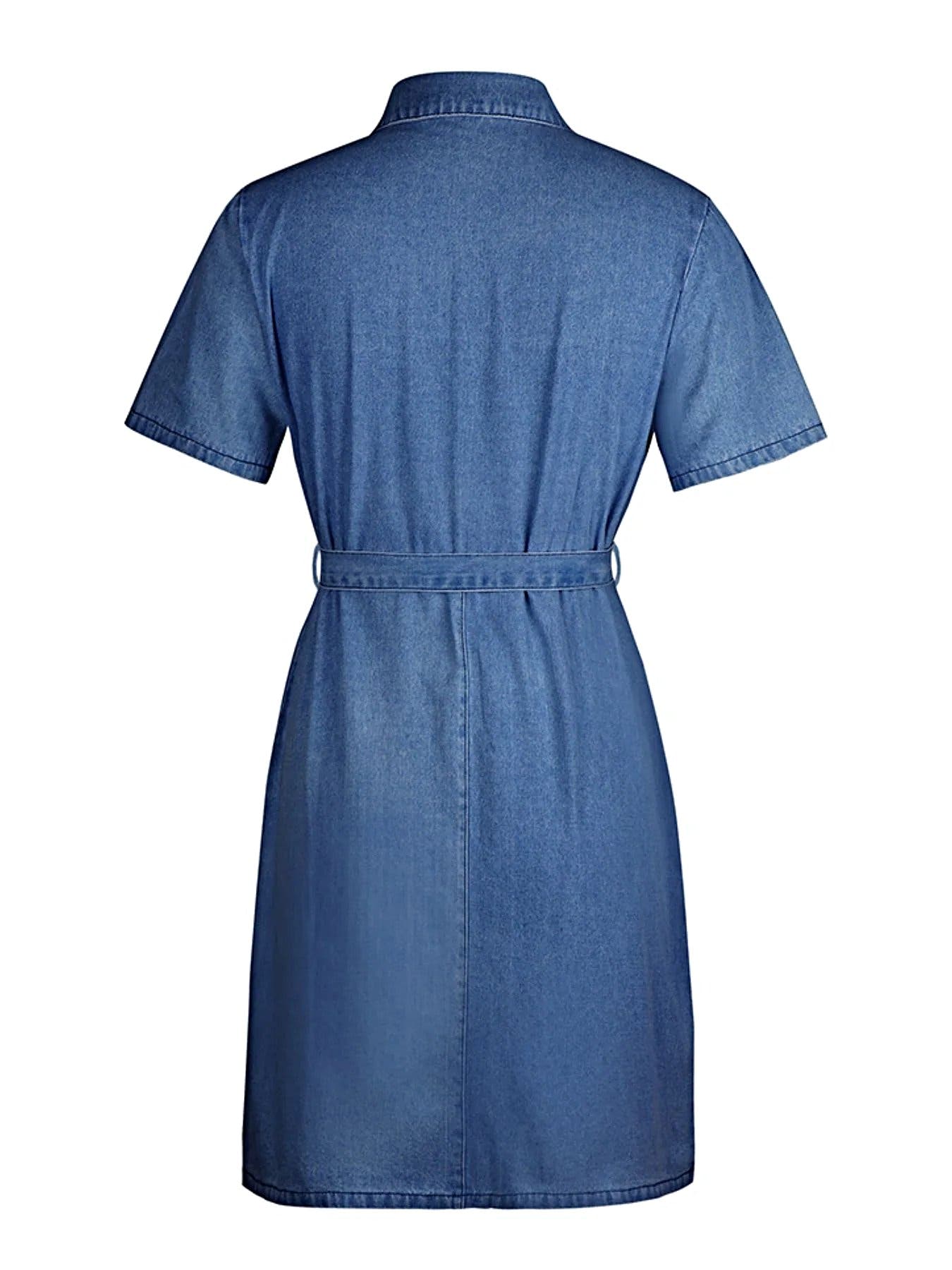 Zip Front Short Sleeve Denim Dress -