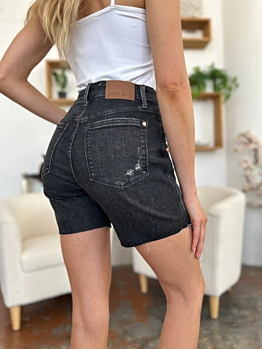 Judy Blue High Waist Denim Shorts - Full Size, Rigid Magic Fit with Raw Hem, Elevate Your Summer Style Trendsi
