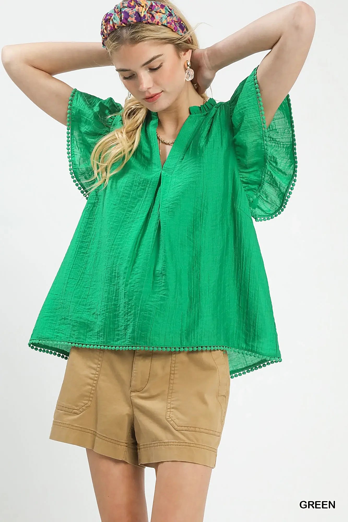 Umgee Flutter Sleeve Relaxed Top with Trim Detail -